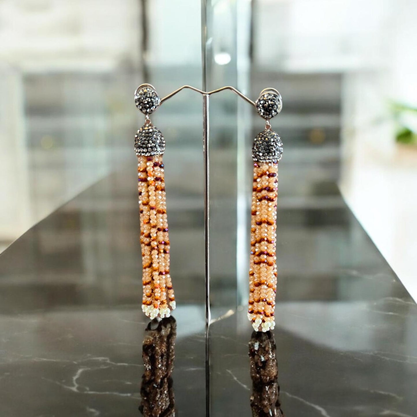 Earring Dual Color Crystal Tassels Long with Rhinestone Dome Beige / Orange