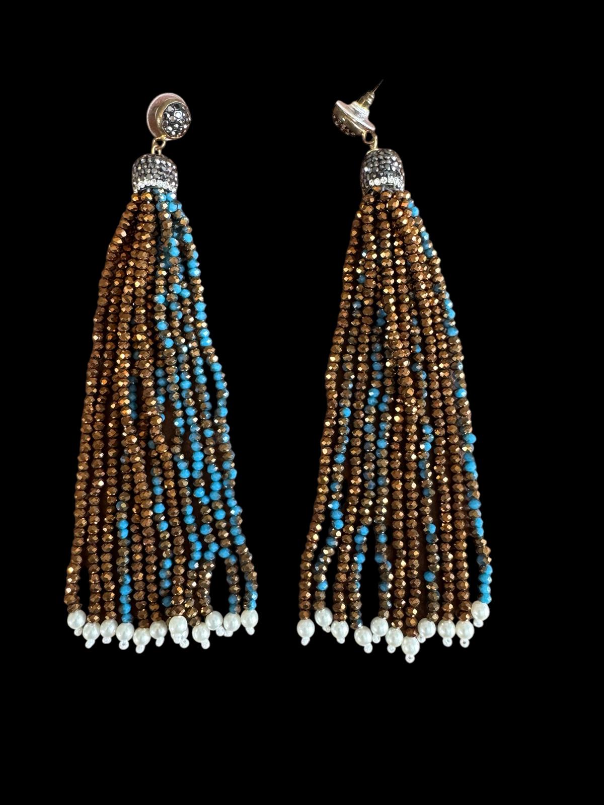 Earring Dual Color Crystal Tassels Long with Rhinestone Dome Turquoise / Copper