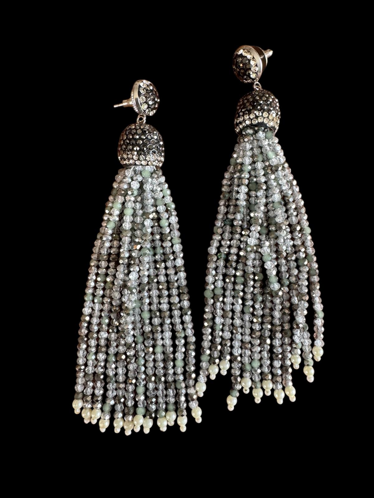 Earring Dual Color Crystal Tassels Long with Rhinestone Dome Gray / Silver