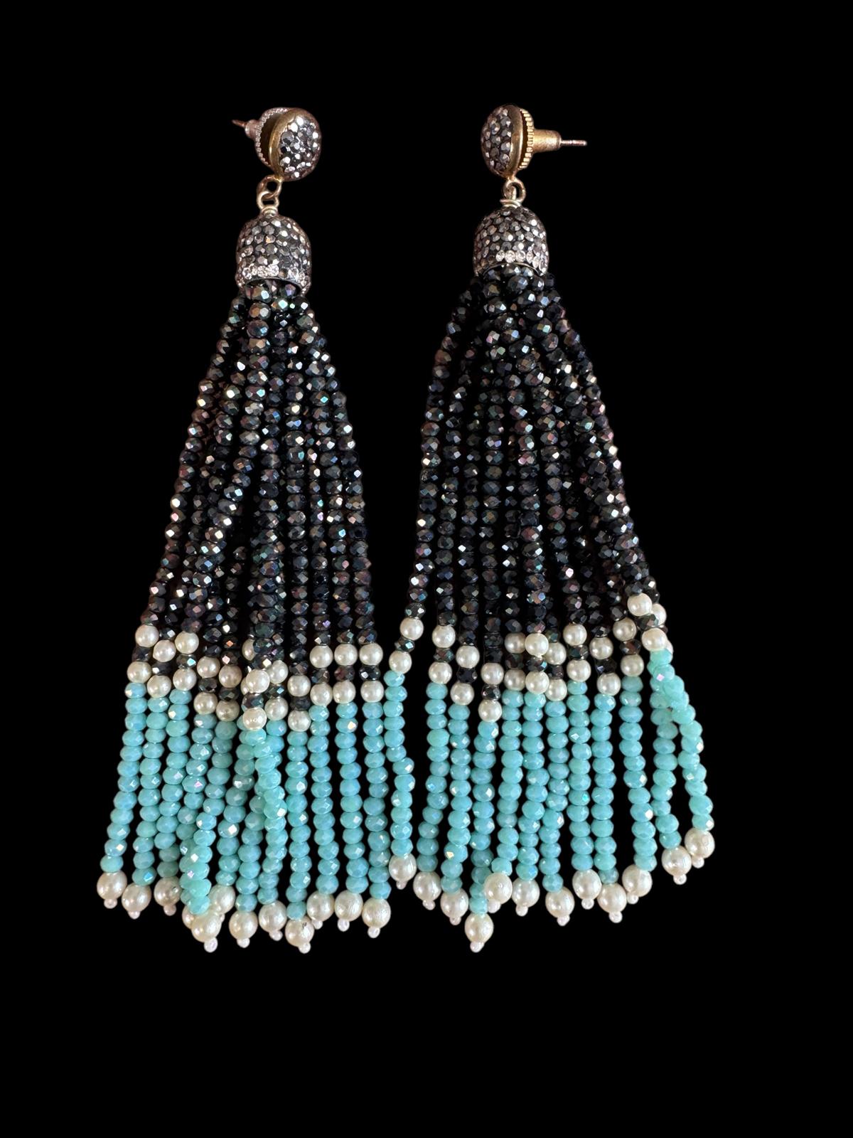 Earring Dual Color Crystal Tassels Long with Rhinestone Dome Black / Sky Blue