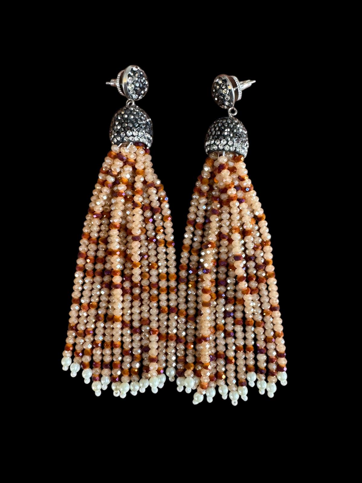 Earring Dual Color Crystal Tassels Long with Rhinestone Dome Beige / Orange