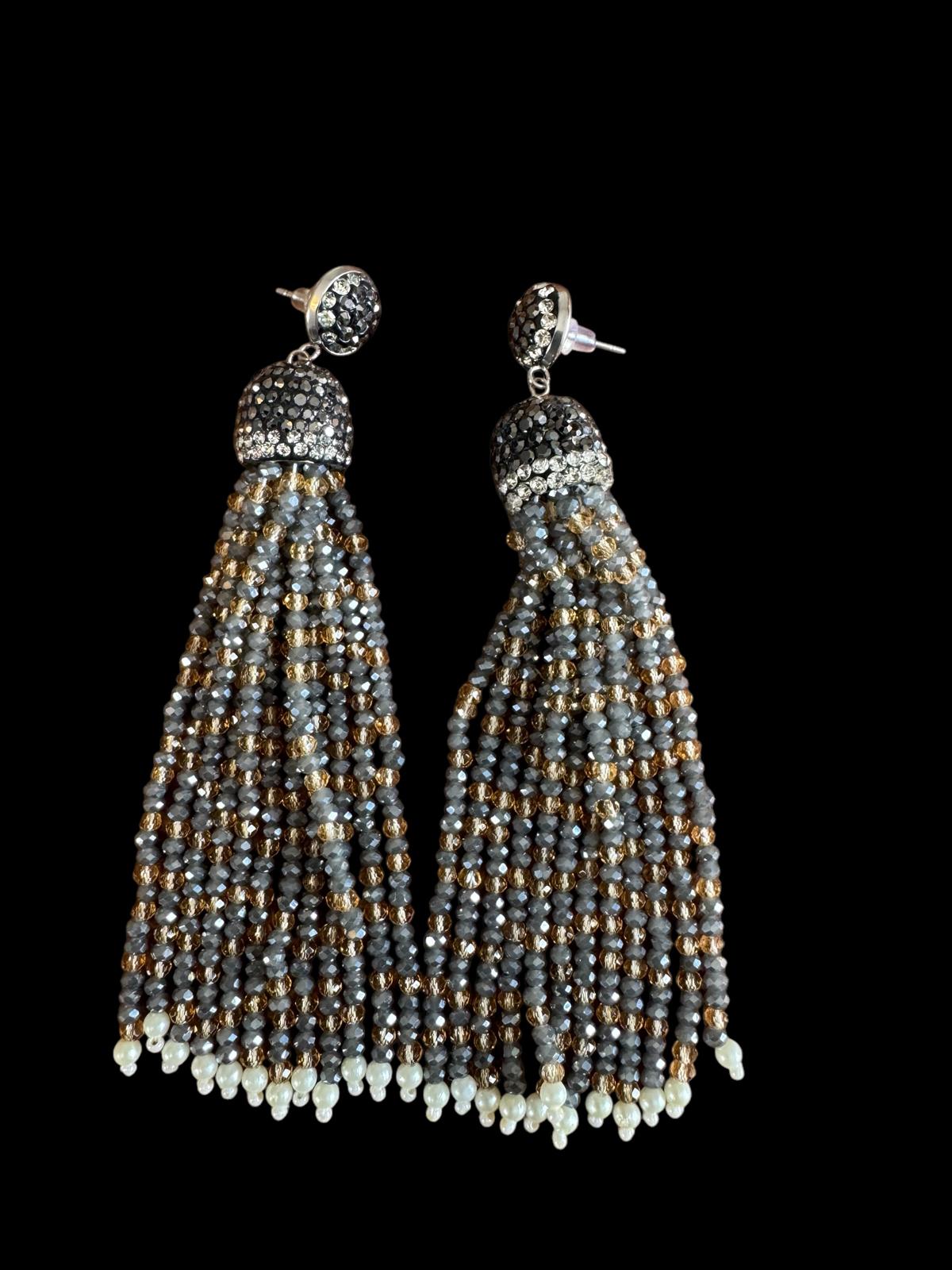 Earring Dual Color Crystal Tassels Long with Rhinestone Dome Gray / Yellow