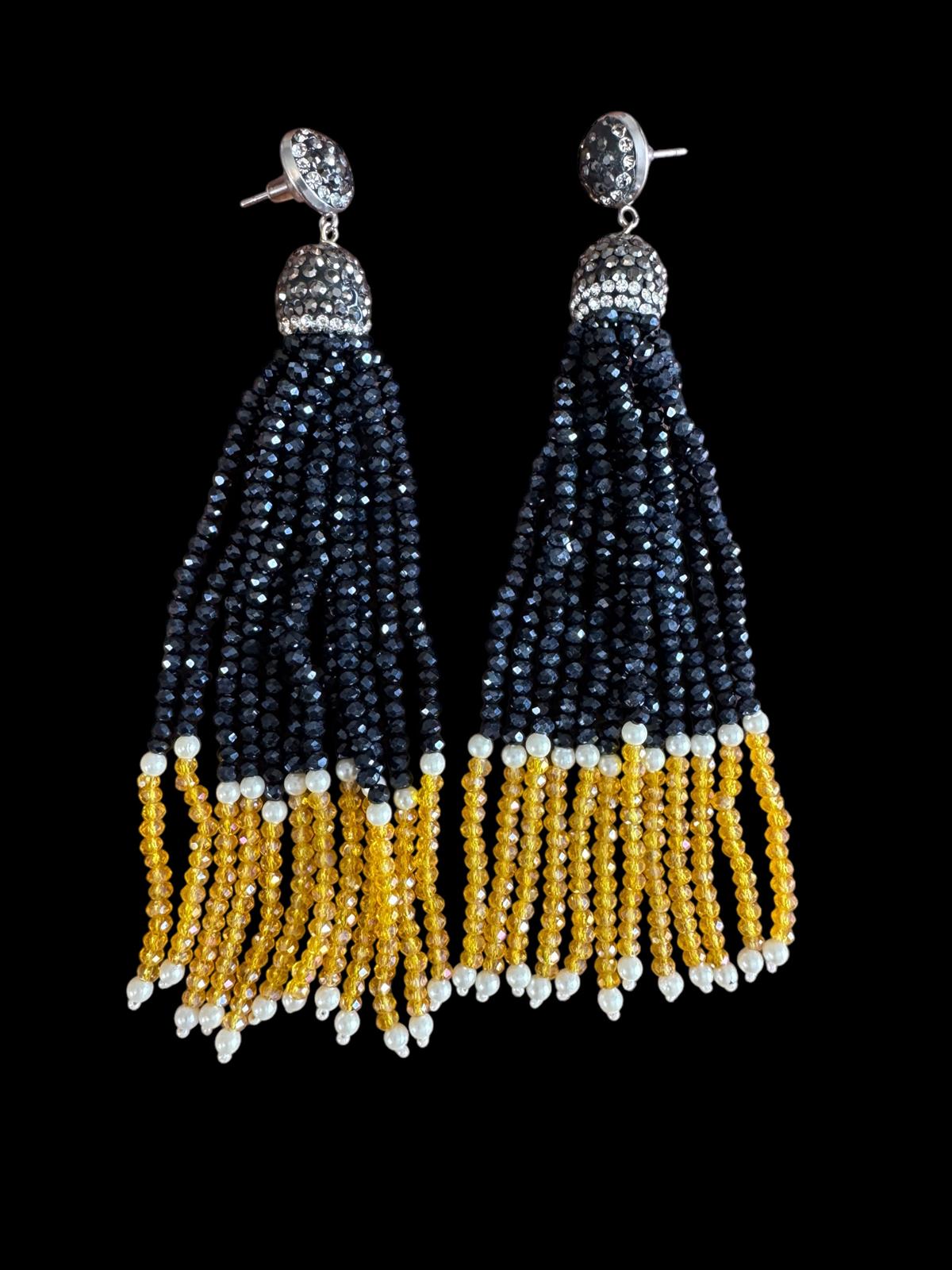 Earring Dual Color Crystal Tassels Long with Rhinestone Dome Black / Yellow