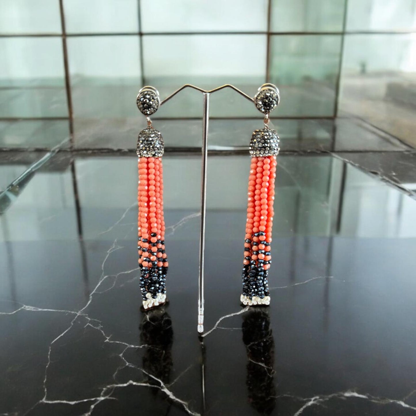 Earring Dual Color Crystal Tassels Long with Rhinestone Dome Coral / Navy