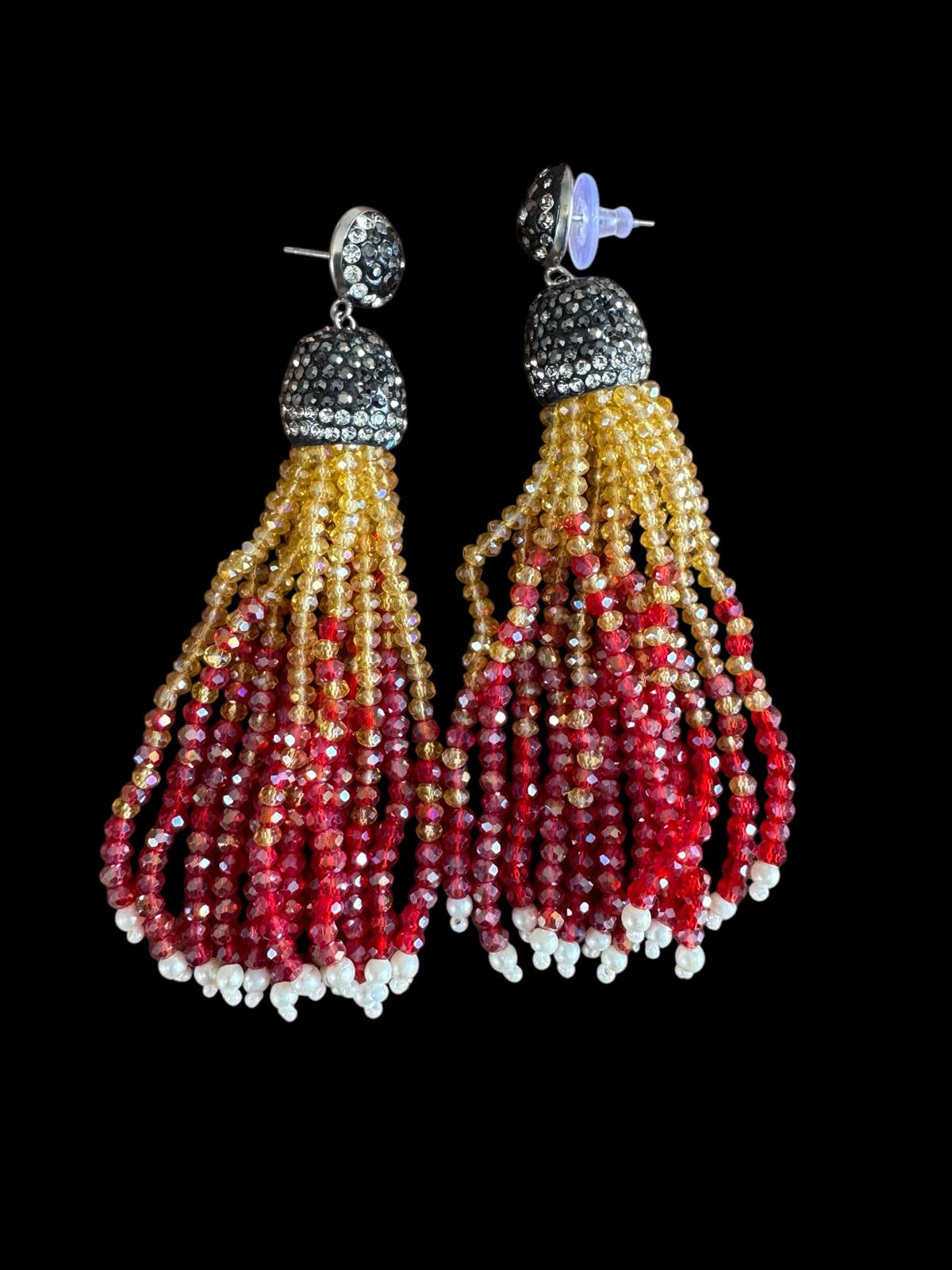 Earring Dual Color Crystal Tassels Long with Rhinestone Dome Yellow / Red