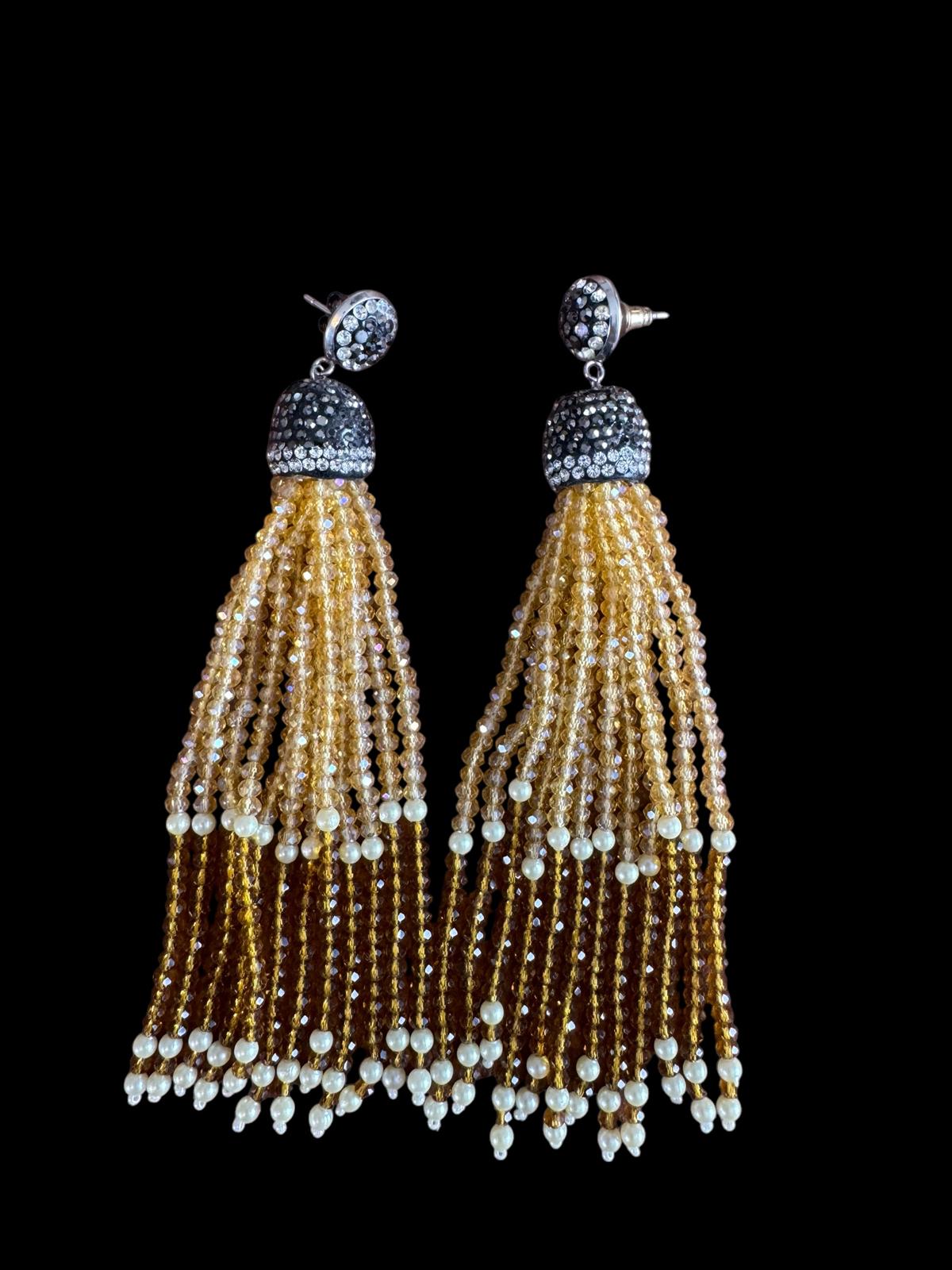 Earring Dual Color Crystal Tassels Long with Rhinestone Dome Yellow / Topaz