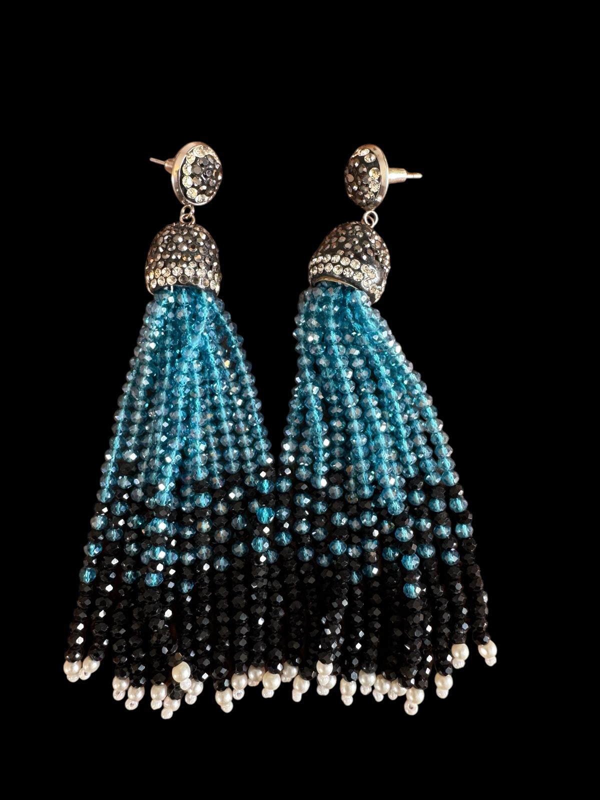 Earring Dual Color Crystal Tassels Long with Rhinestone Dome Blue / Black
