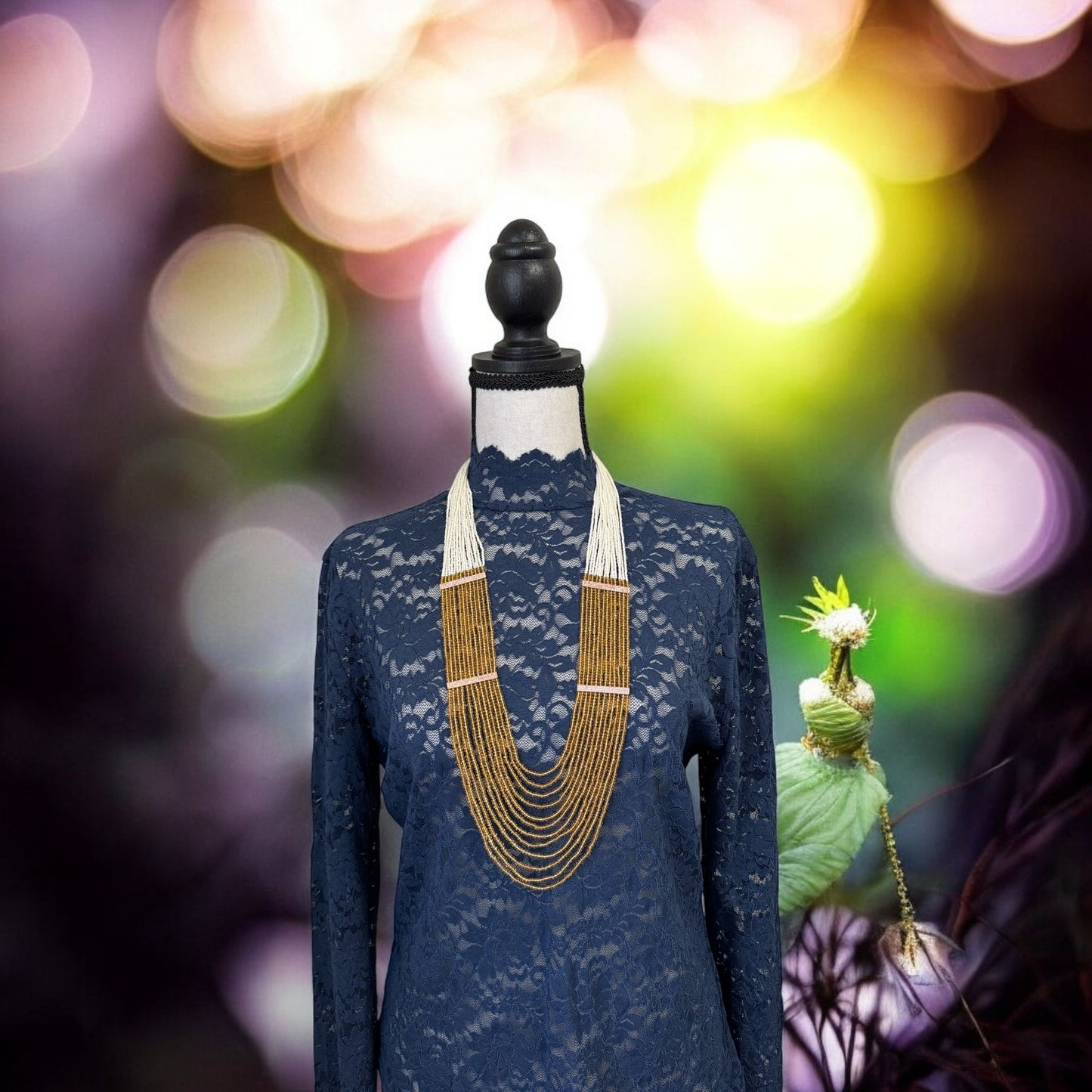 Necklace Crystal Layered with Tiny Pearls and Zircon Strip White / Yellow