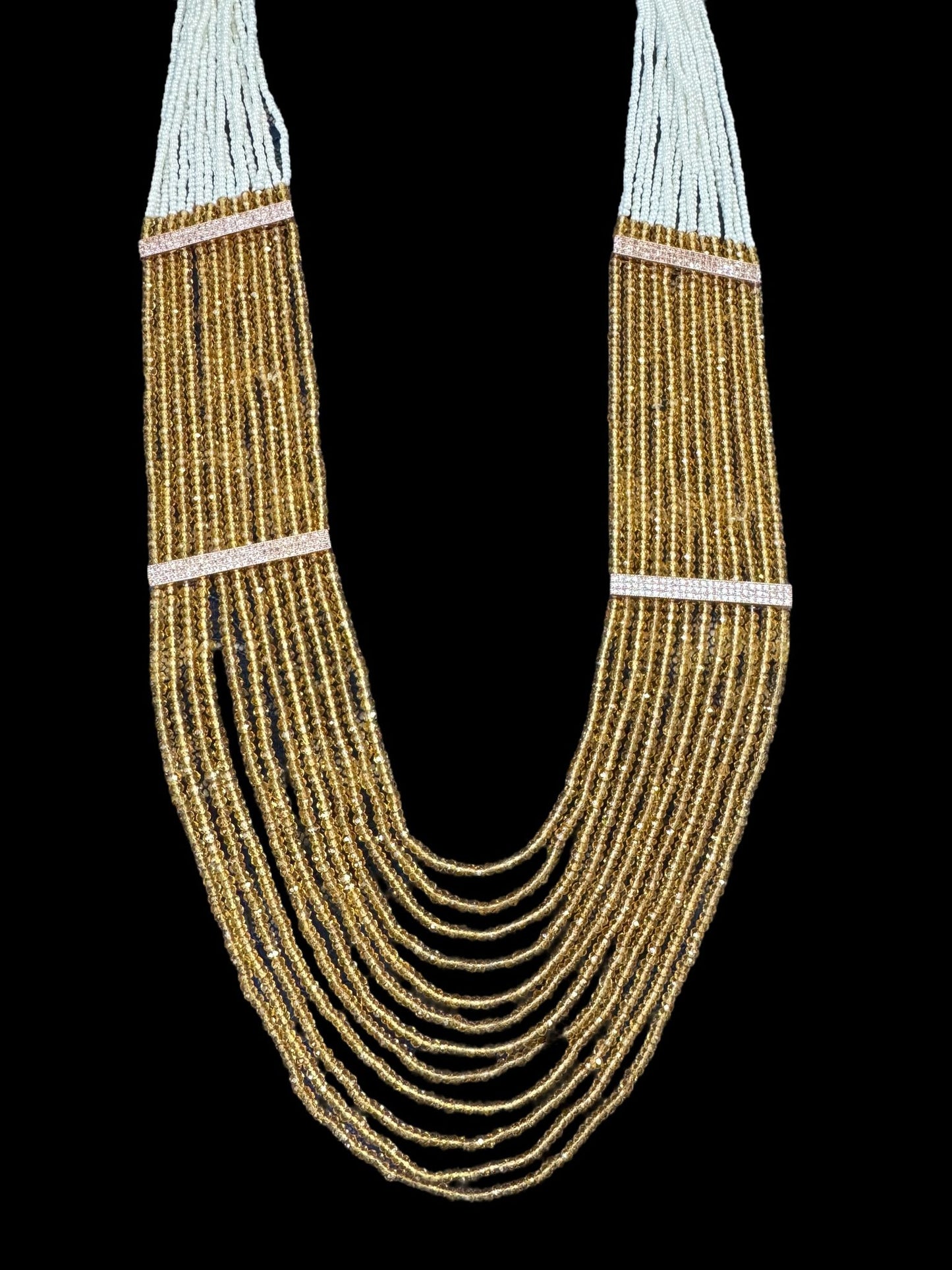 Necklace Crystal Layered with Tiny Pearls and Zircon Strip White / Yellow