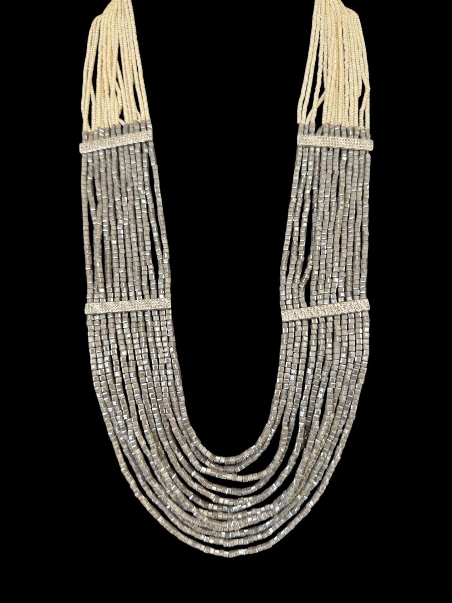Necklace Crystal Layered with Tiny Pearls and Zircon Strip White / Gray
