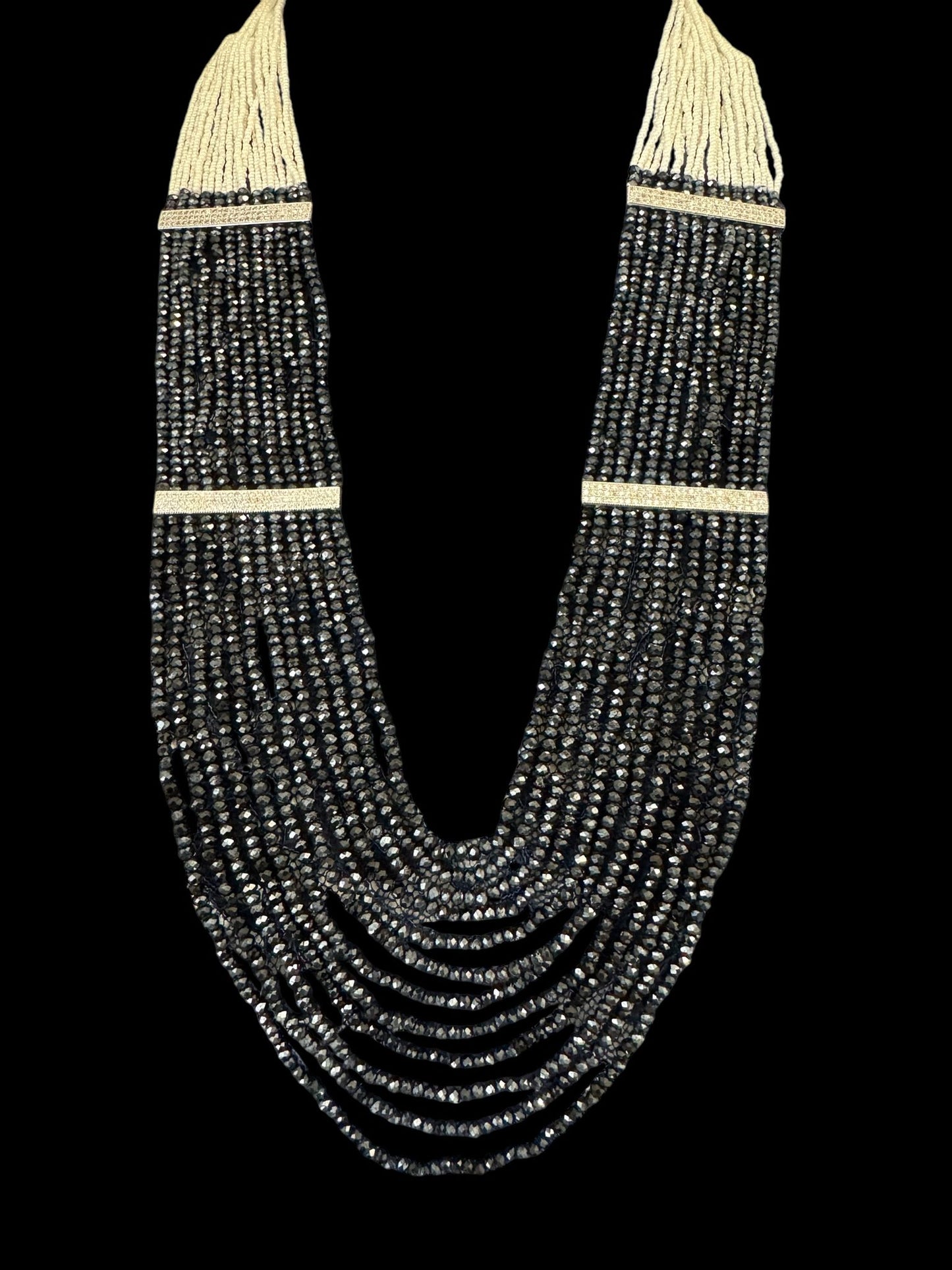 Necklace Crystal Layered with Tiny Pearls and Zircon Strip White / Black