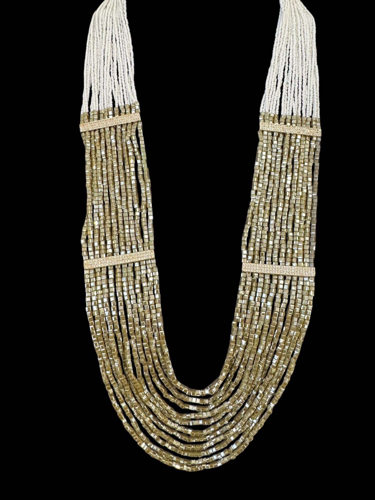Necklace Crystal Layered with Tiny Pearls and Zircon Strip White / Green
