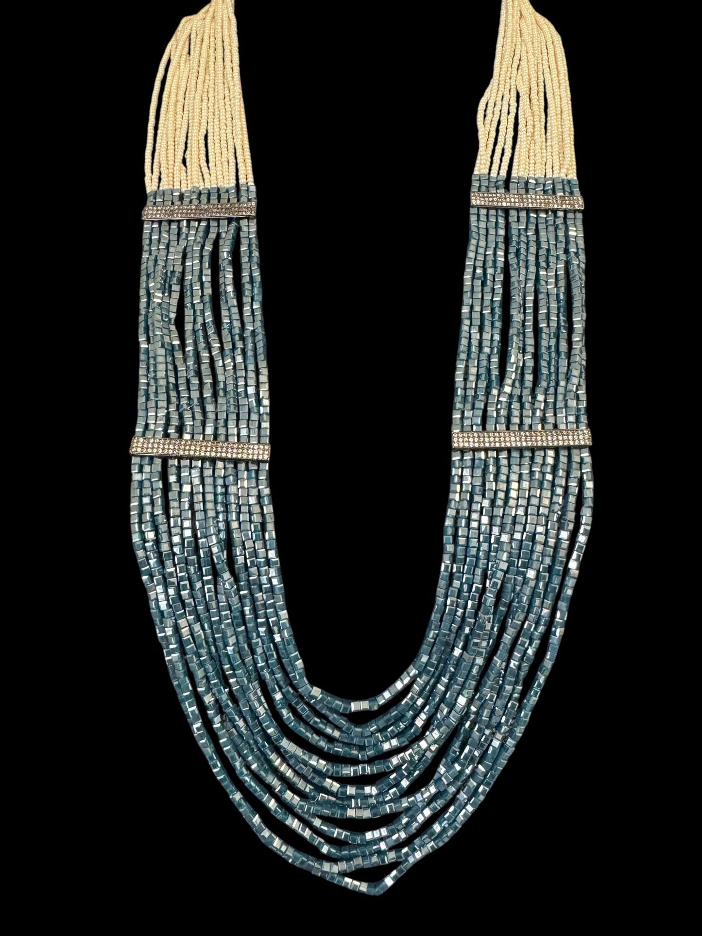 Necklace Crystal Layered with Tiny Pearls and Zircon Strip White / Teel