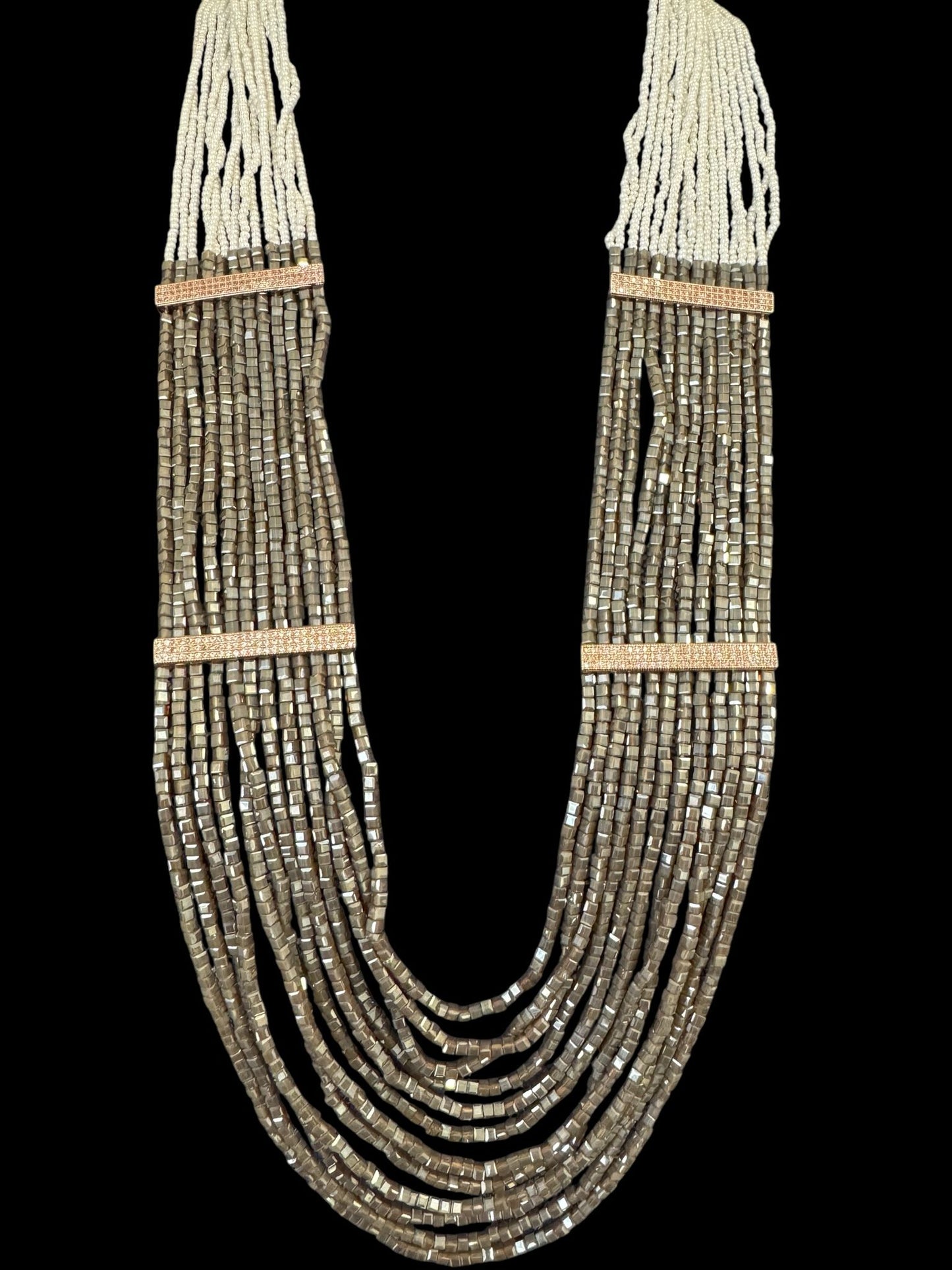 Necklace Crystal Layered with Tiny Pearls and Zircon Strip White / Dark Gray