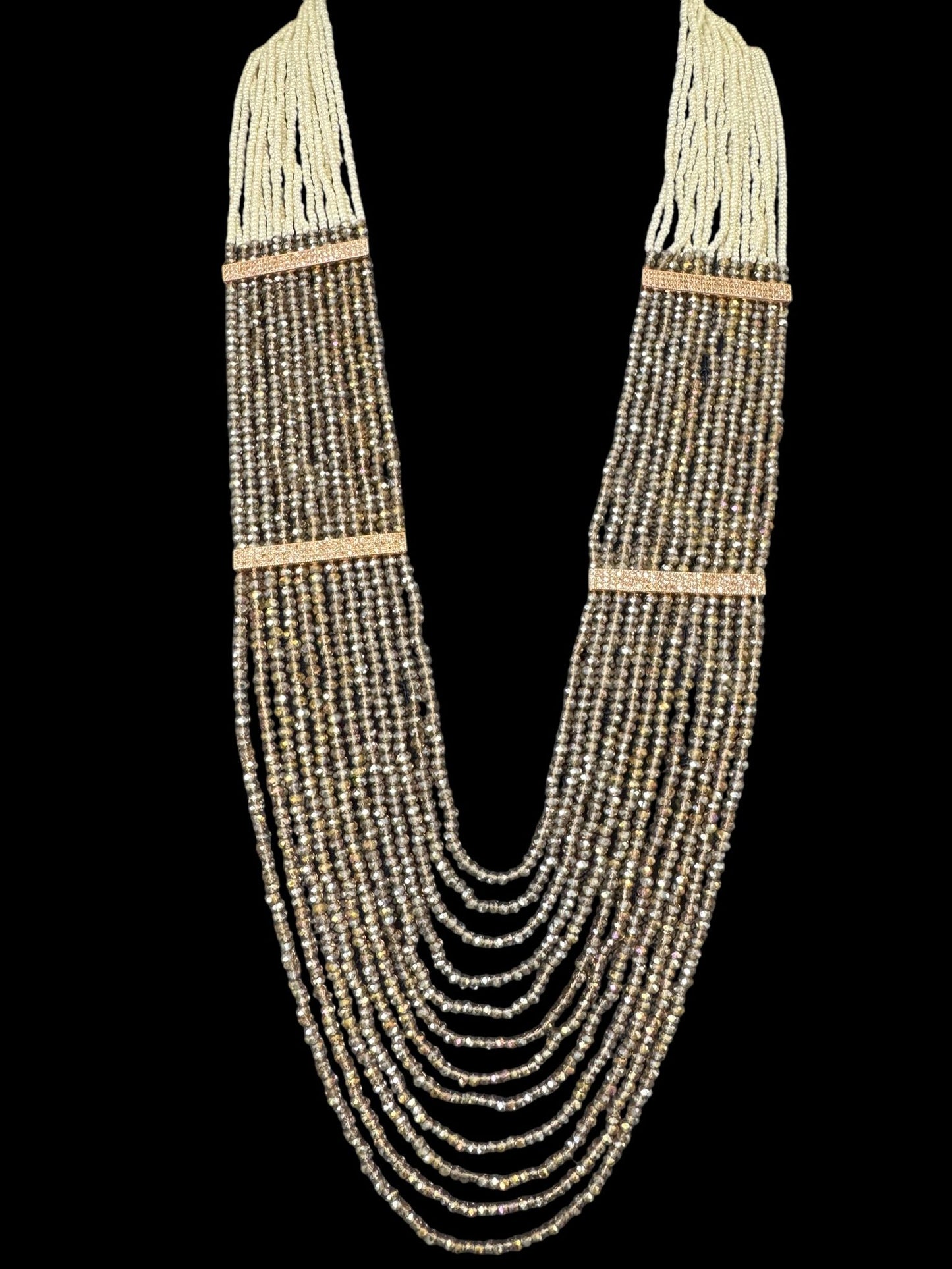Necklace Crystal Layered with Tiny Pearls and Zircon Strip White / Brown