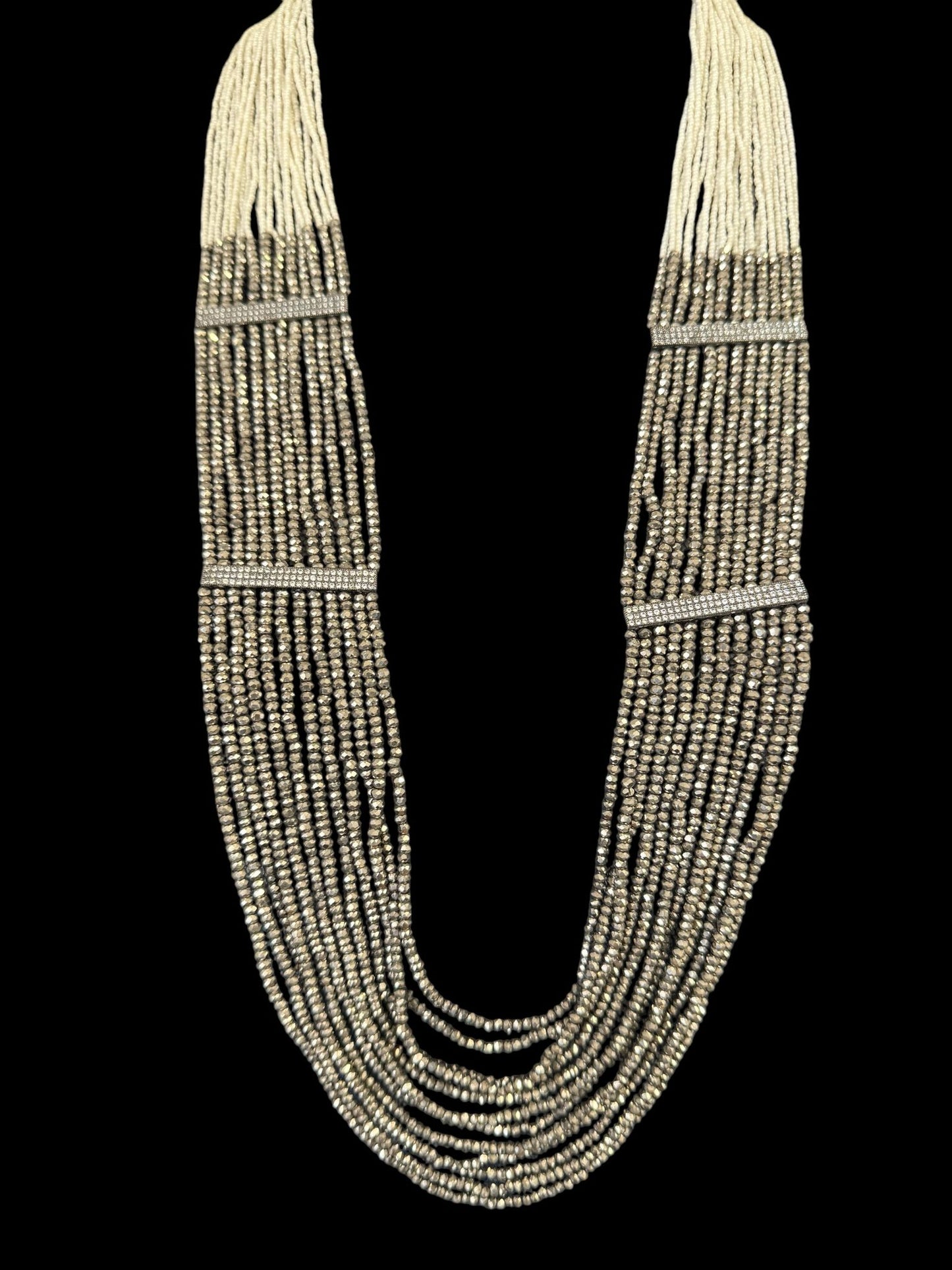 Necklace Crystal Layered with Tiny Pearls and Zircon Strip White / Silver