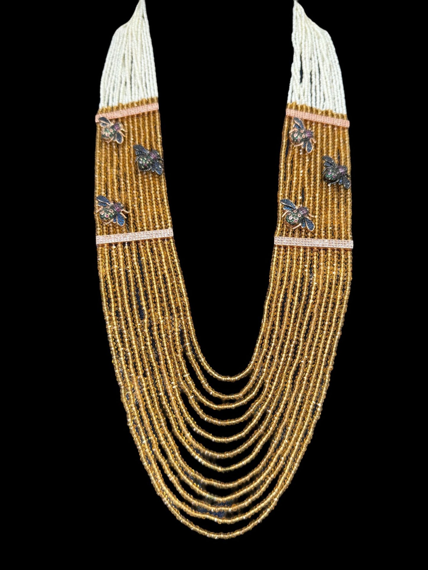 Necklace Crystal Layered with Tiny Pearls and Zircon Bees White / Yellow