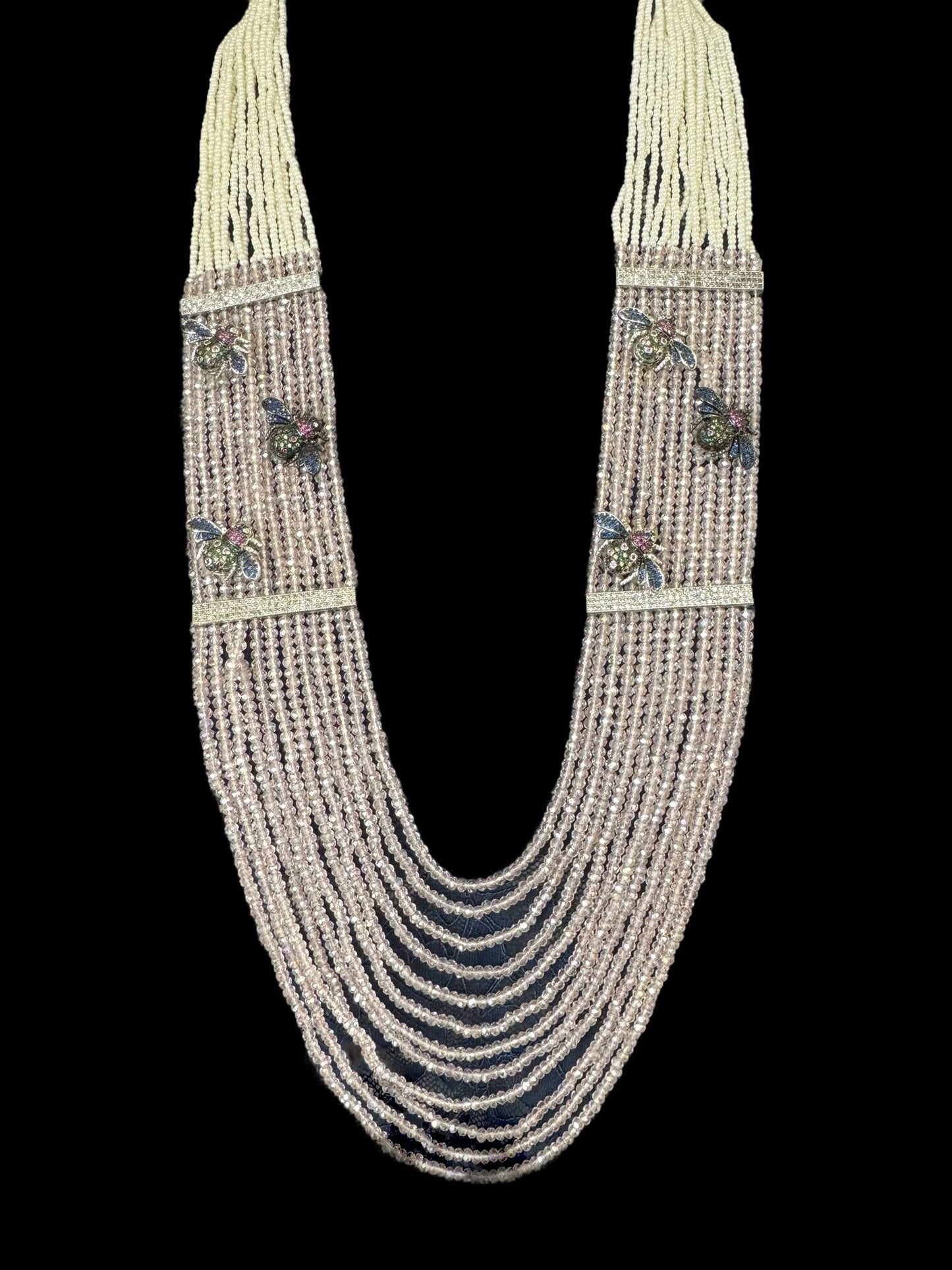 Necklace Crystal Layered with Tiny Pearls and Zircon Bees White / Pink