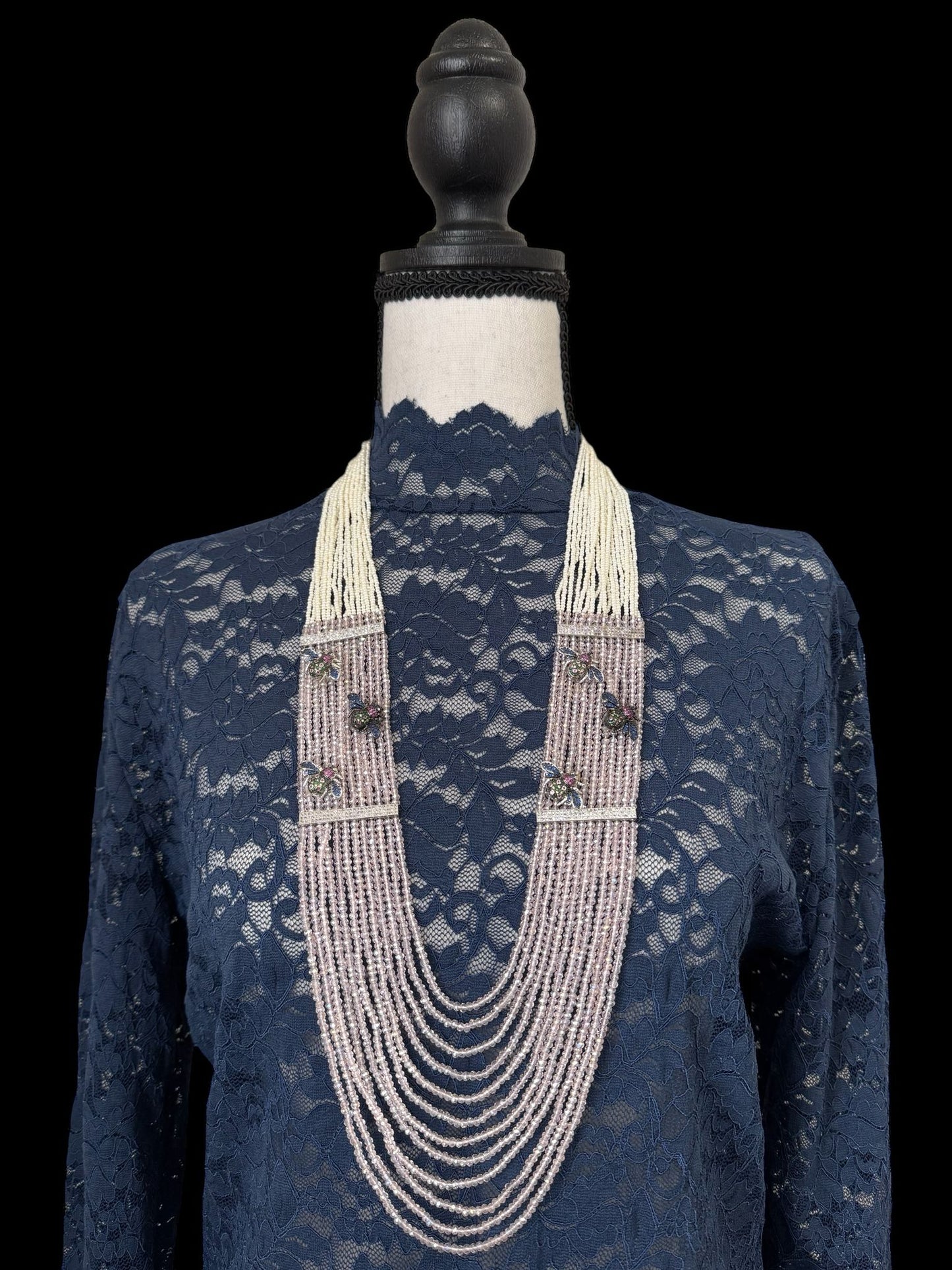 Necklace Crystal Layered with Tiny Pearls and Zircon Bees White / Pink