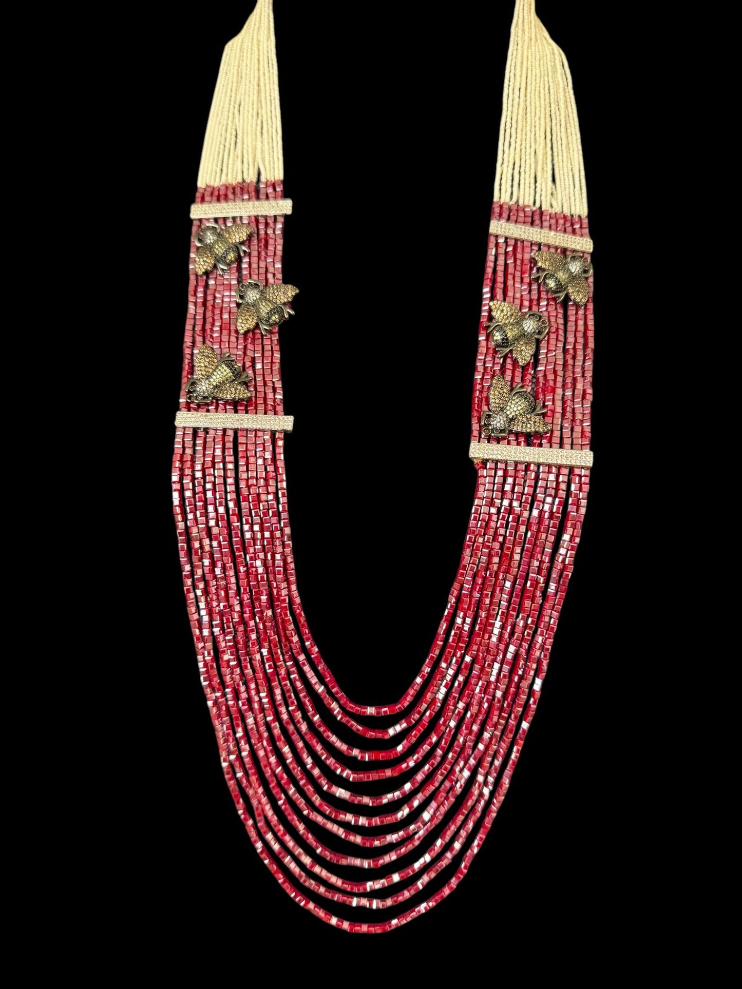 Necklace Crystal Layered with Tiny Pearls and Zircon Bees White / Red