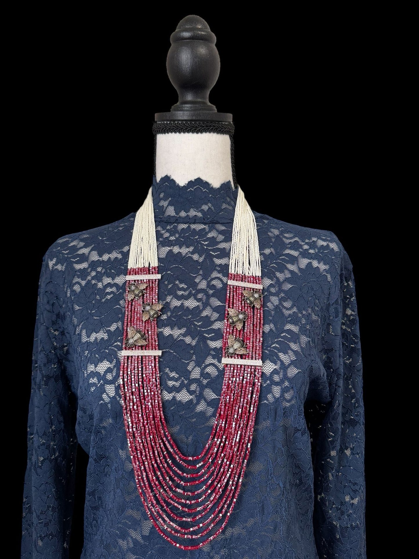 Necklace Crystal Layered with Tiny Pearls and Zircon Bees White / Red