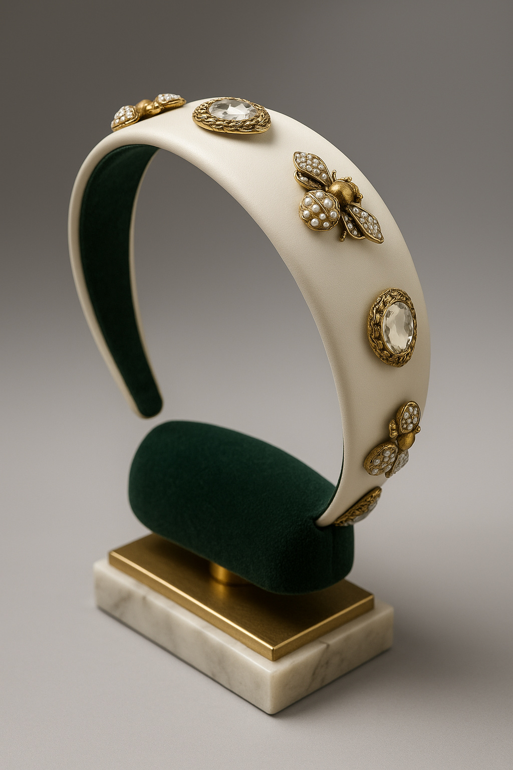 Quilted Almond & Bee Silk Ornamental Headband – Beige