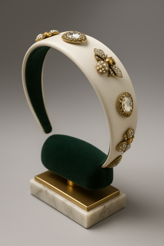 Quilted Almond & Bee Silk Ornamental Headband – Beige