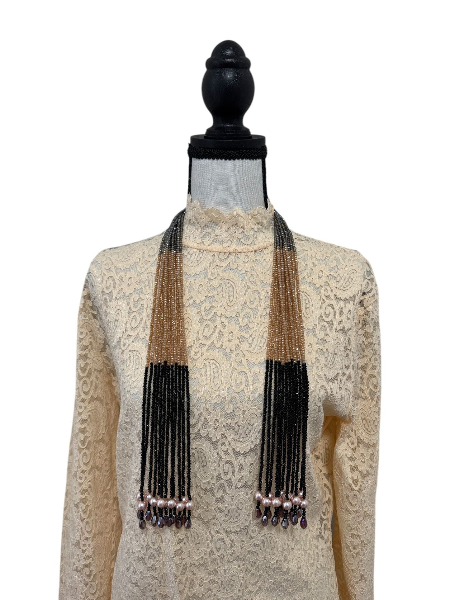 Crystal Scarf Black and Beige Multiway Drape Style Statement Necklace