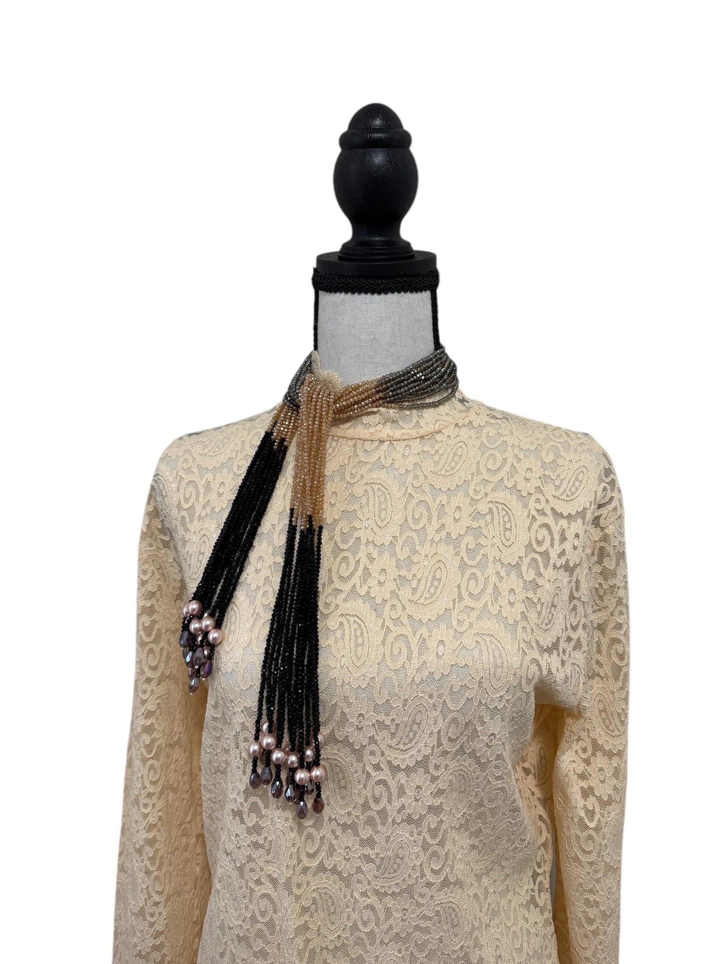 Crystal Scarf Black and Beige Multiway Drape Style Statement Necklace