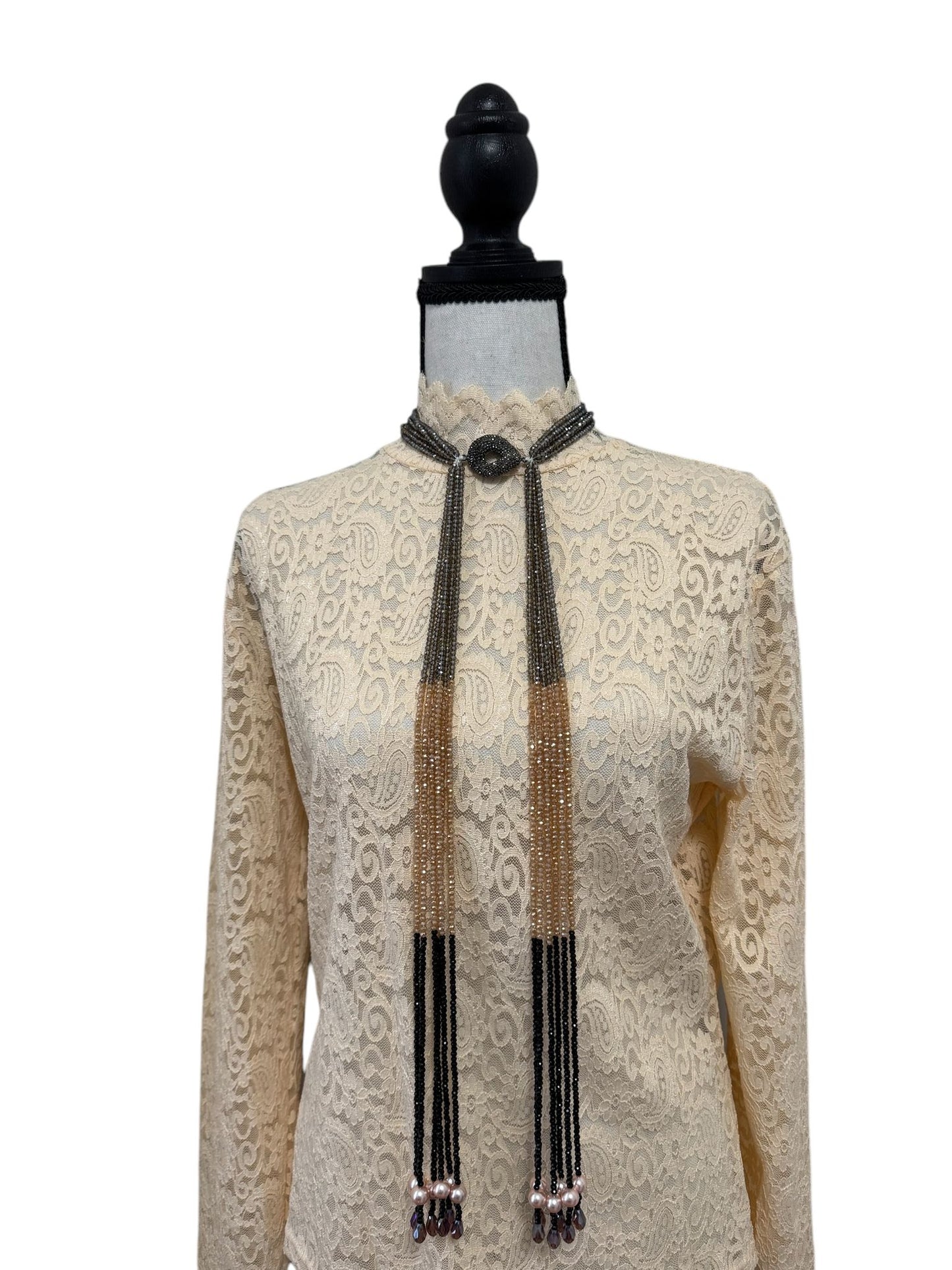 Crystal Scarf Black and Beige Multiway Drape Style Statement Necklace