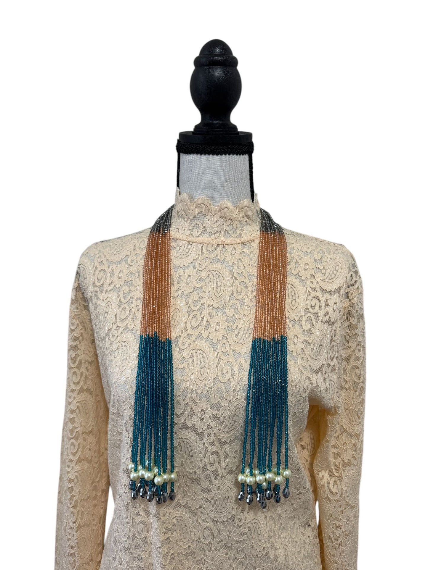 Crystal Scarf Peach and Teal Multiway Drape Style Statement Necklace
