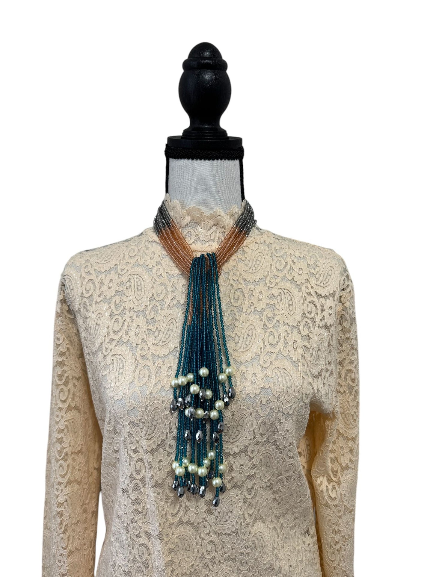 Crystal Scarf Peach and Teal Multiway Drape Style Statement Necklace