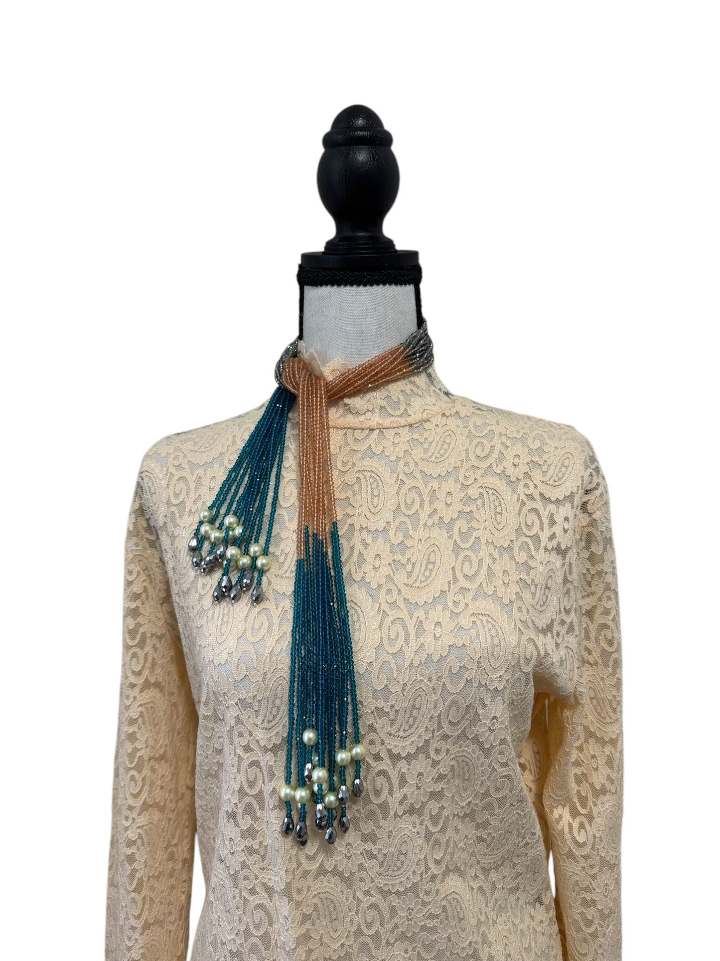 Crystal Scarf Peach and Teal Multiway Drape Style Statement Necklace