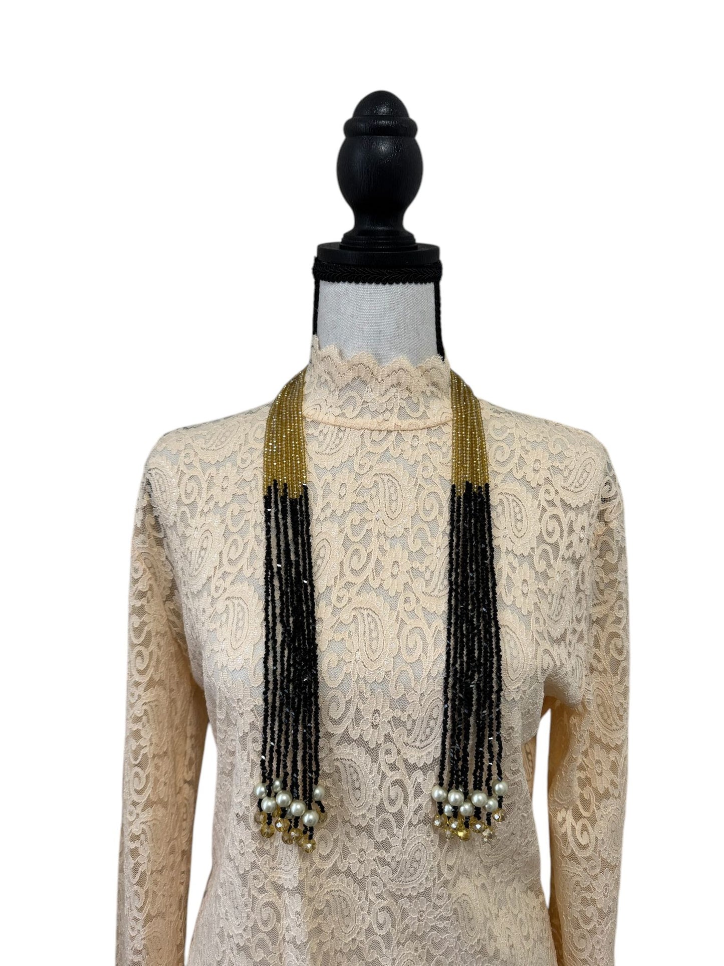 Crystal Scarf Black and Beige Multiway Drape Style Statement Necklace,