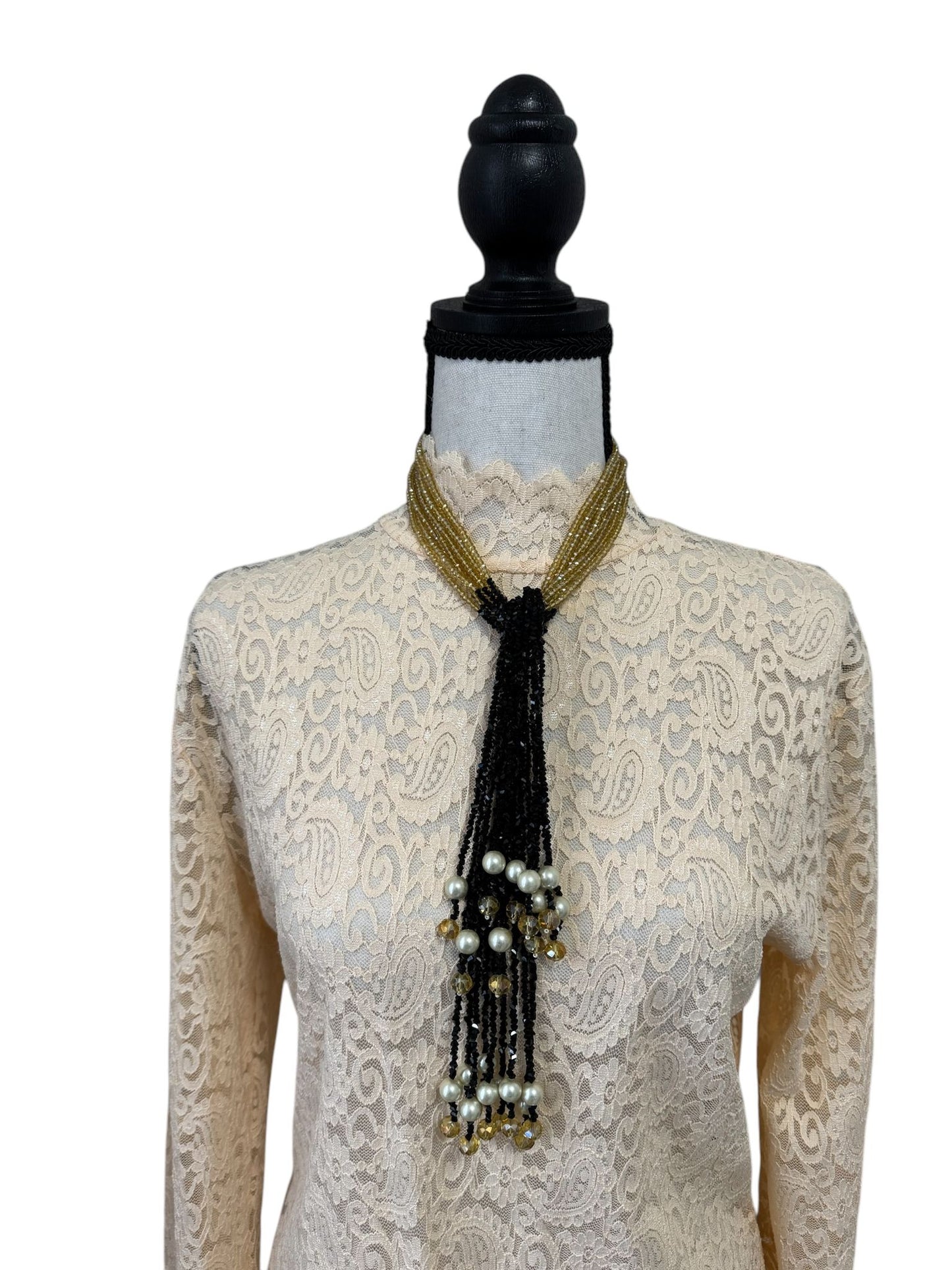 Crystal Scarf Black and Beige Multiway Drape Style Statement Necklace,