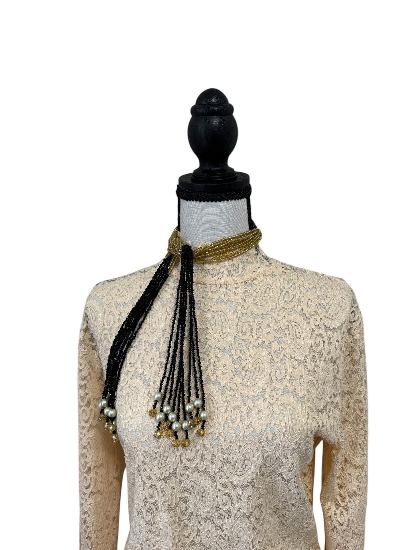 Crystal Scarf Black and Beige Multiway Drape Style Statement Necklace,