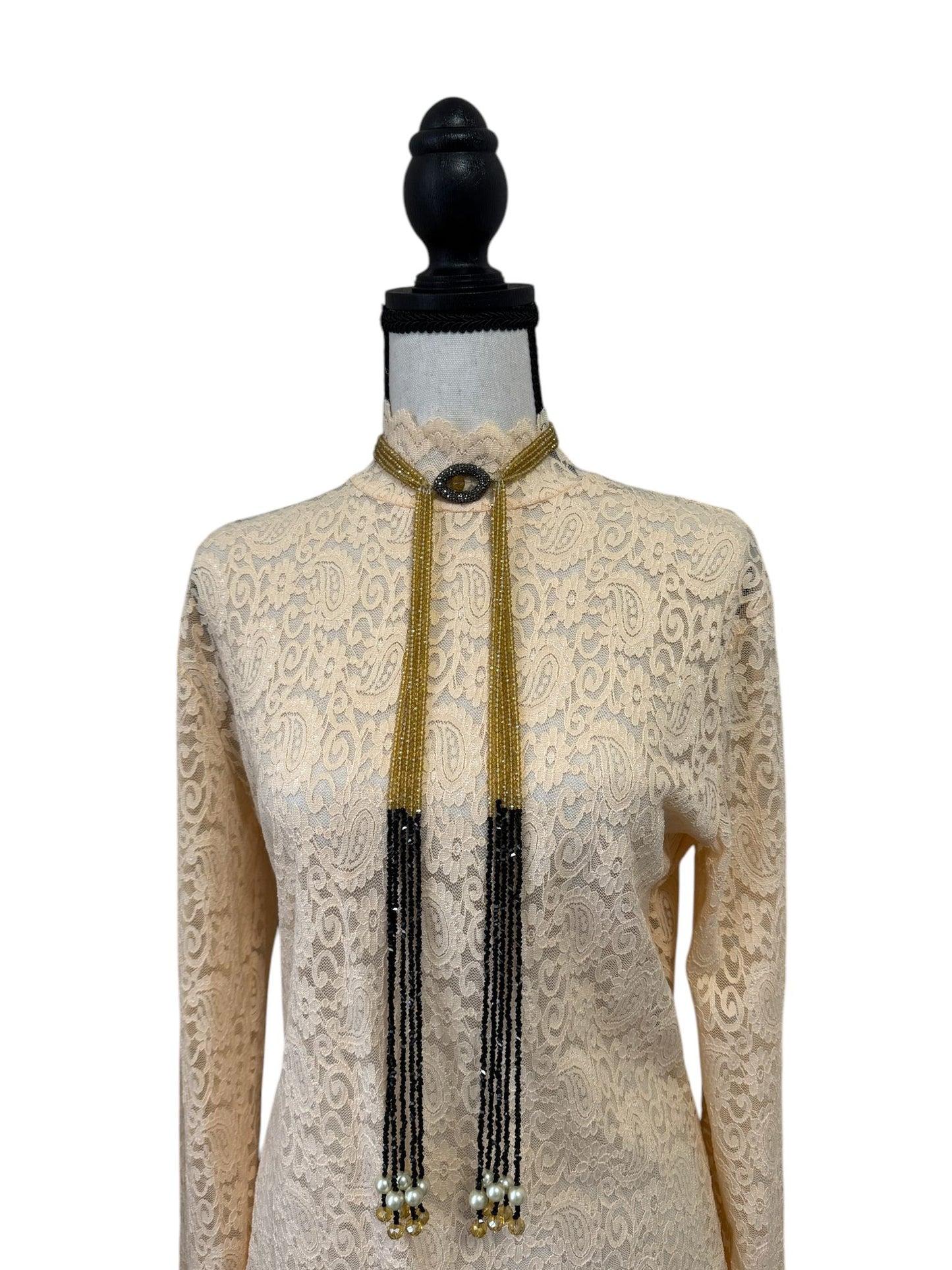 Crystal Scarf Black and Beige Multiway Drape Style Statement Necklace,