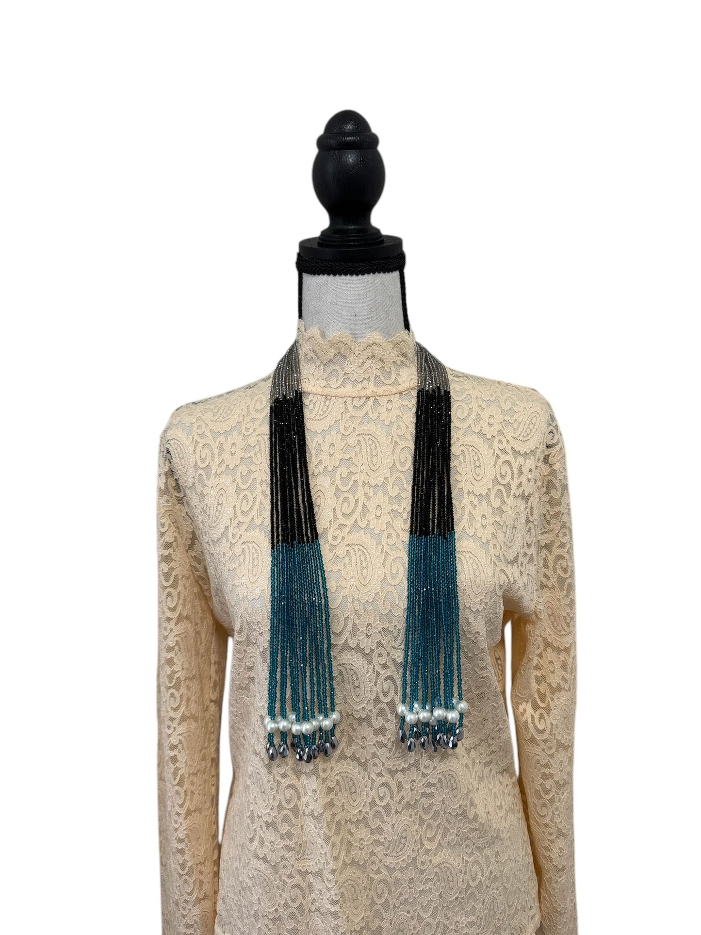 Crystal Scarf Teel Black and Gray Multiway Drape Style Statement Necklace