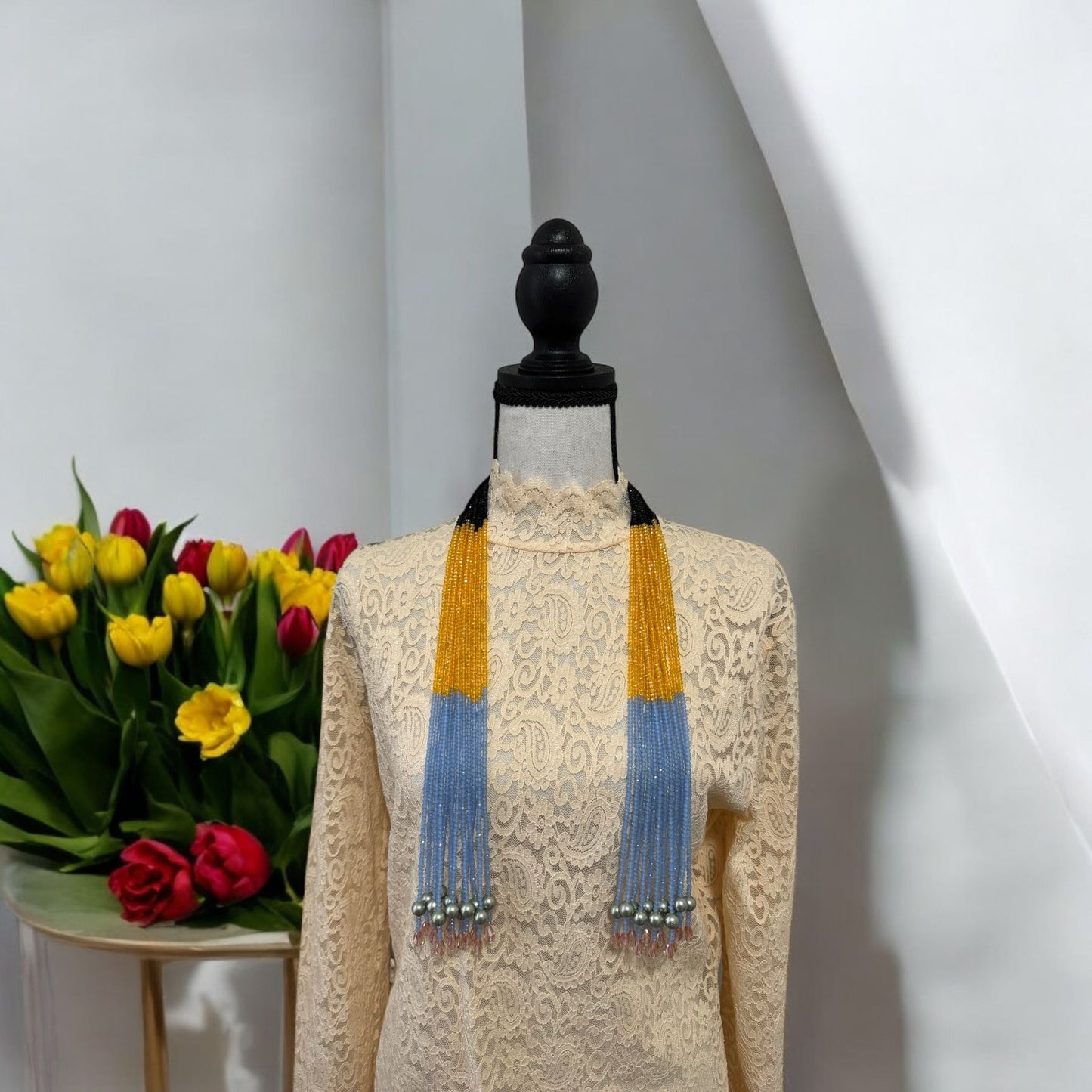 Crystal Scarf Blue and Yellow Multiway Drape Style Statement Necklace