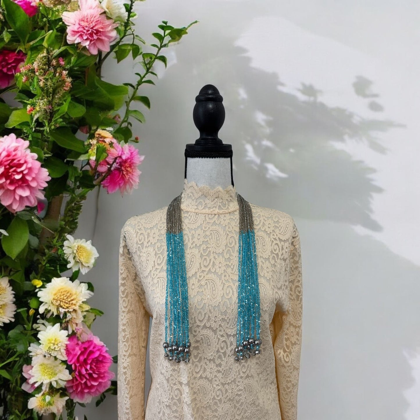 Crystal Scarf Smoky and Sky Blue Multiway Drape Style Statement Necklace