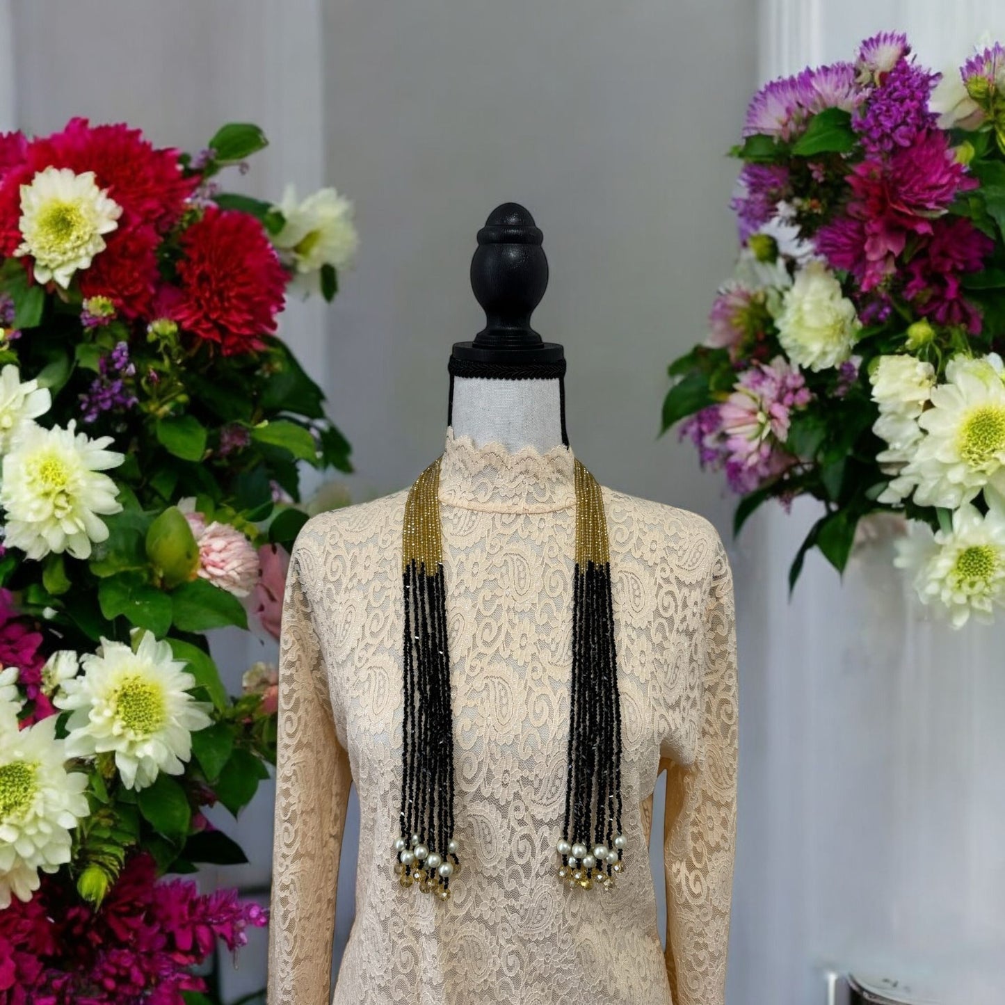 Crystal Scarf Black and Beige Multiway Drape Style Statement Necklace,