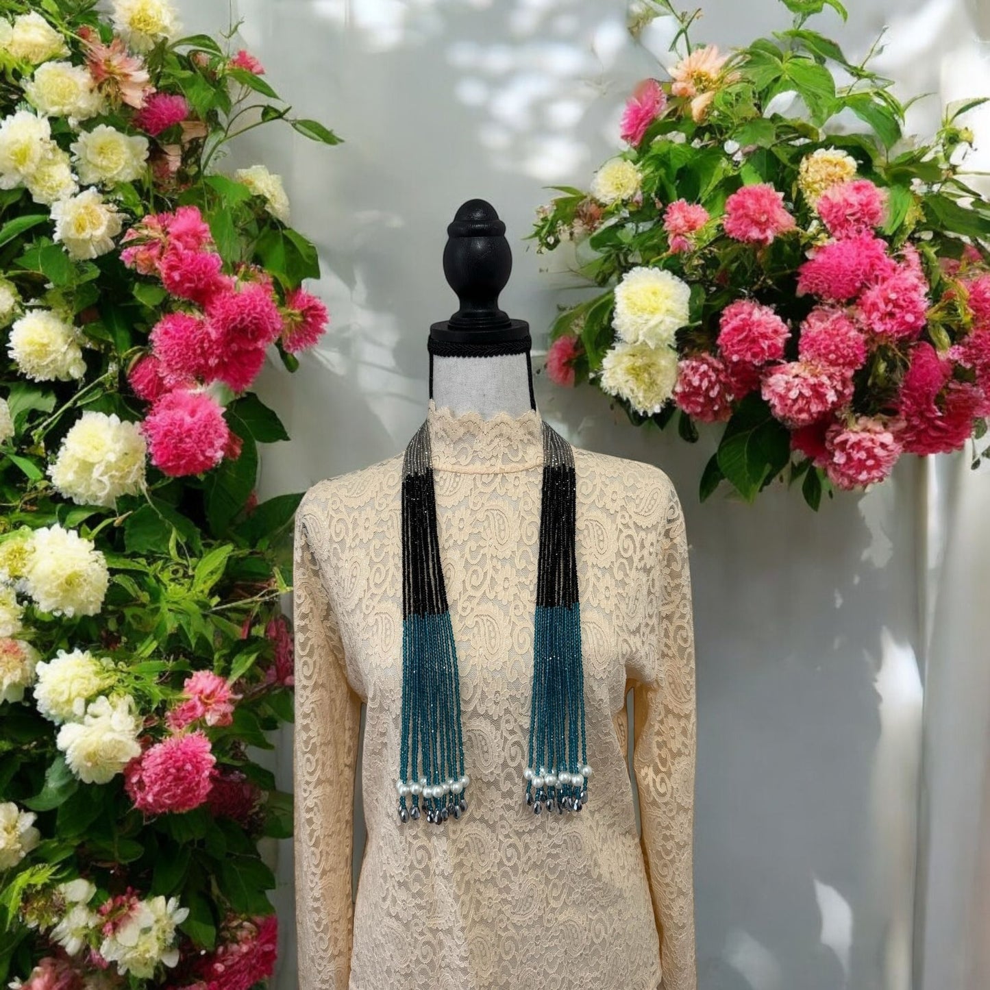 Crystal Scarf Teel Black and Gray Multiway Drape Style Statement Necklace