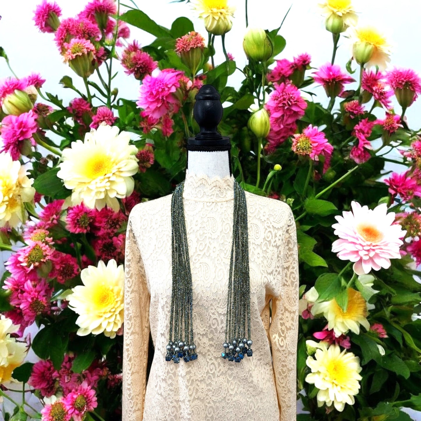 Crystal Scarf Green and Gold Multiway Drape Style Statement Necklace