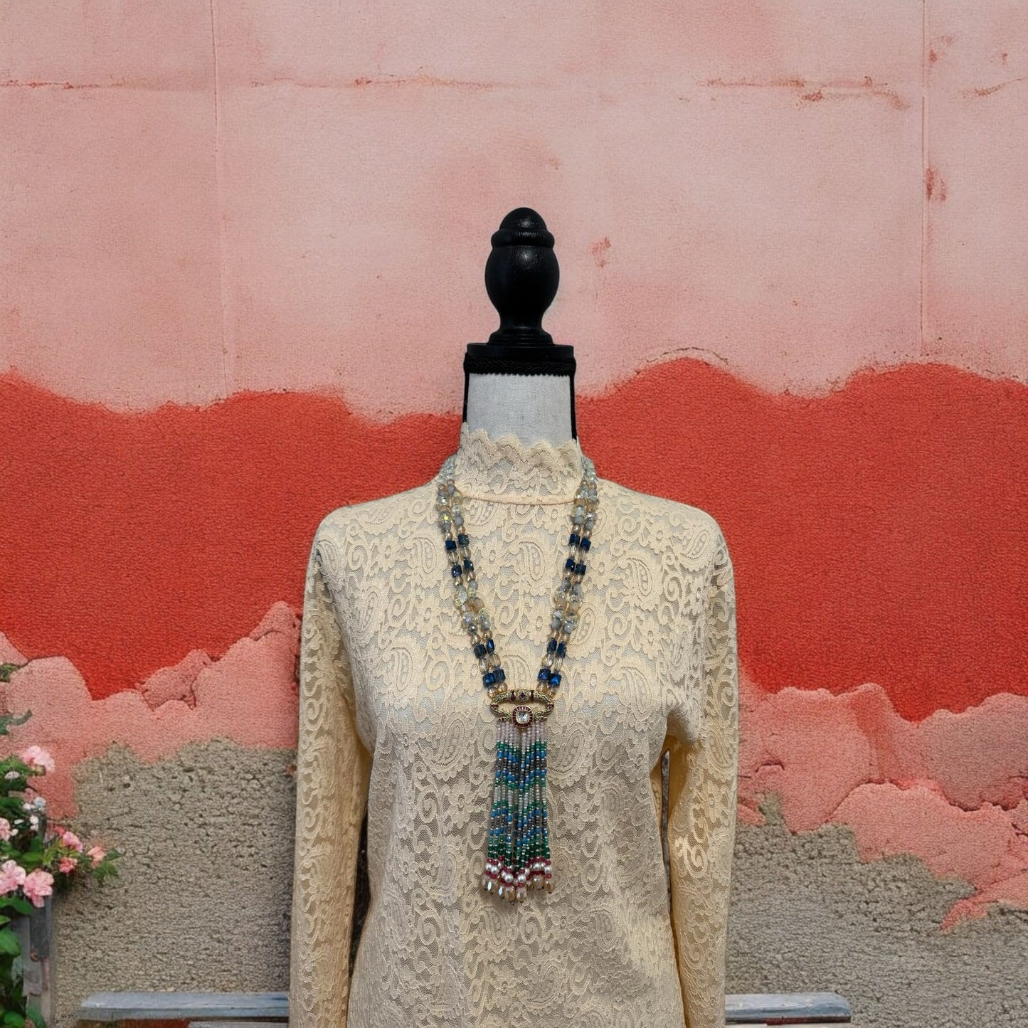 Multicolor Crystal Statement Necklace with Heavy Tassel