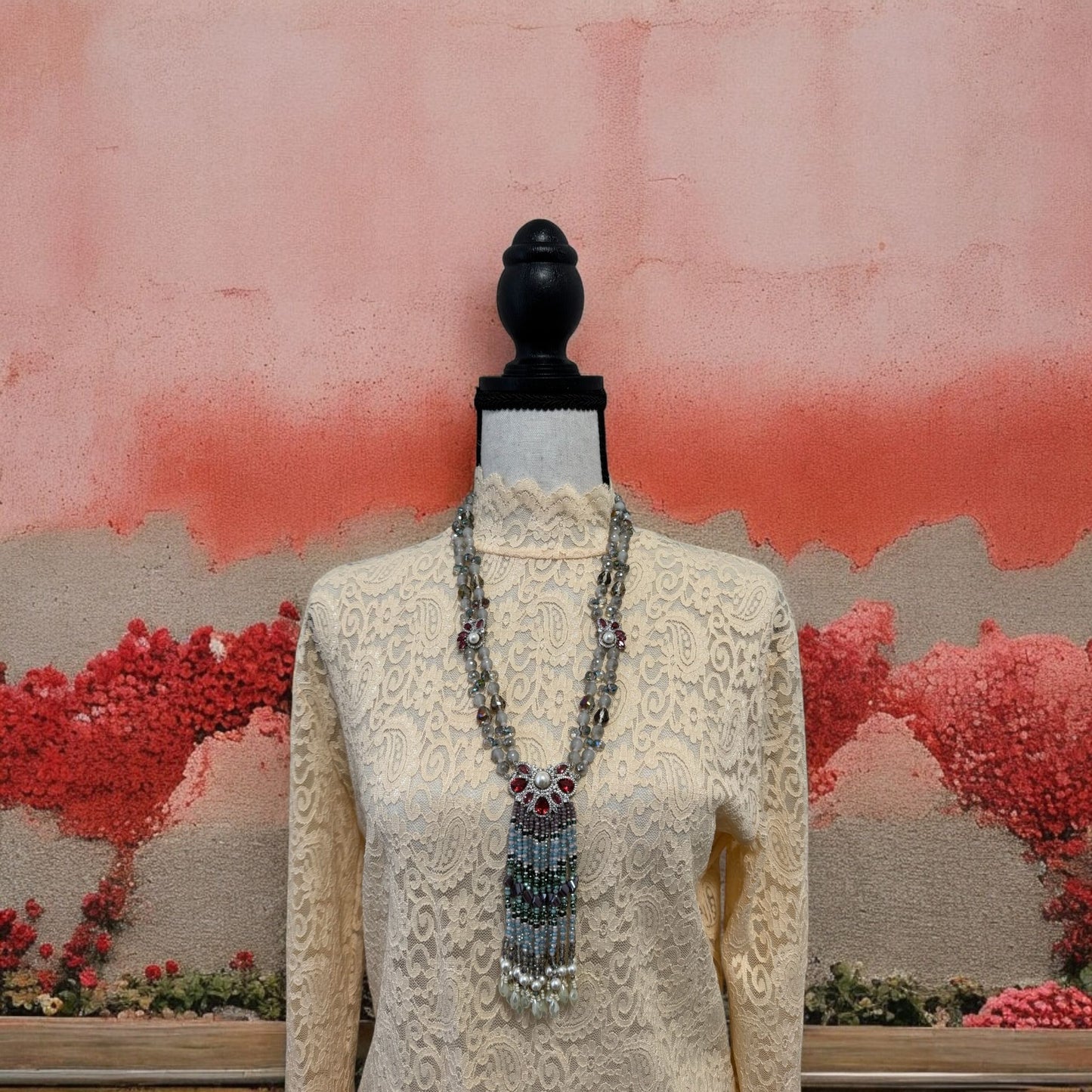 Multicolor Crystal Statement Necklace with Heavy Tassel