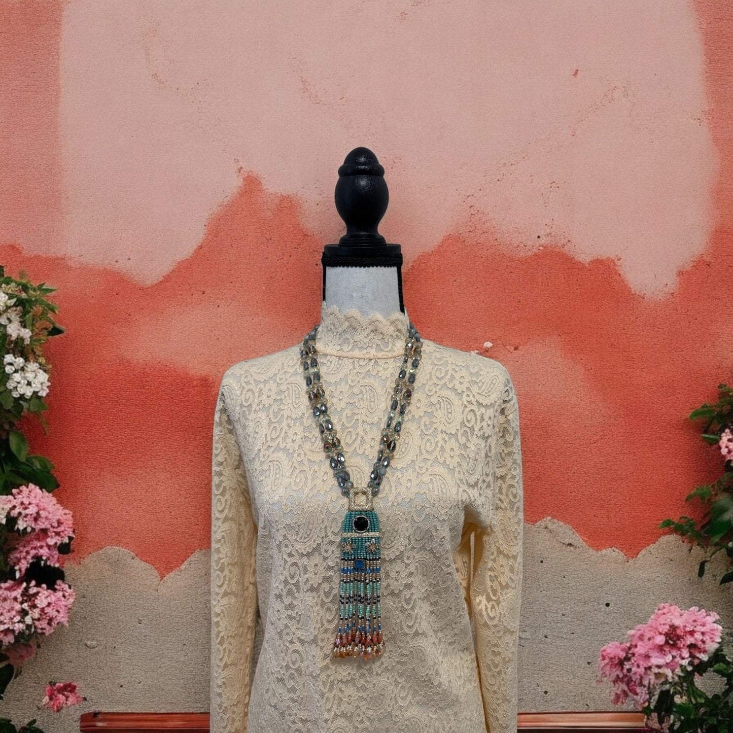 Multicolor Crystal Statement Necklace with Heavy Tassel