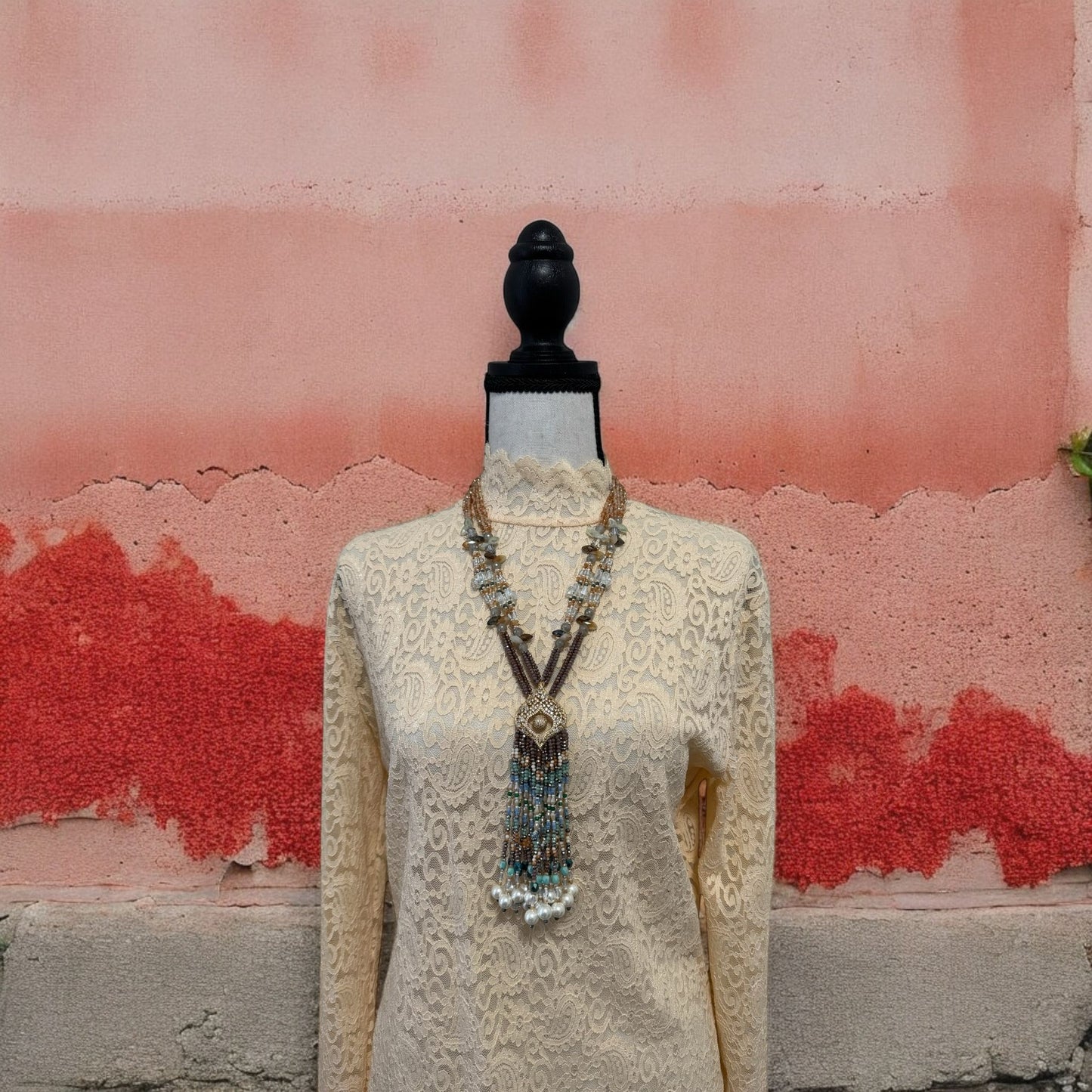 Multicolor Crystal Statement Necklace with Heavy Tassel