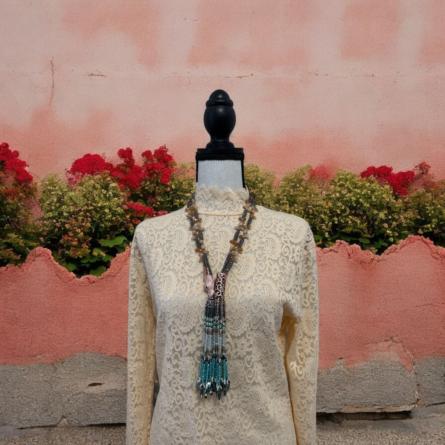 Multicolor Crystal Statement Necklace with Heavy Tassel