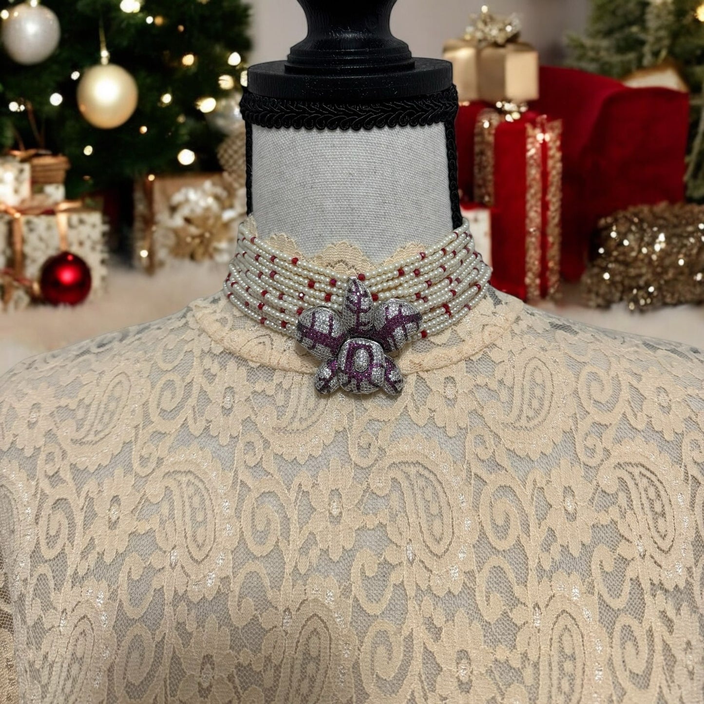 Crystal and Pearl Choker with Zircon Orchid Pendant