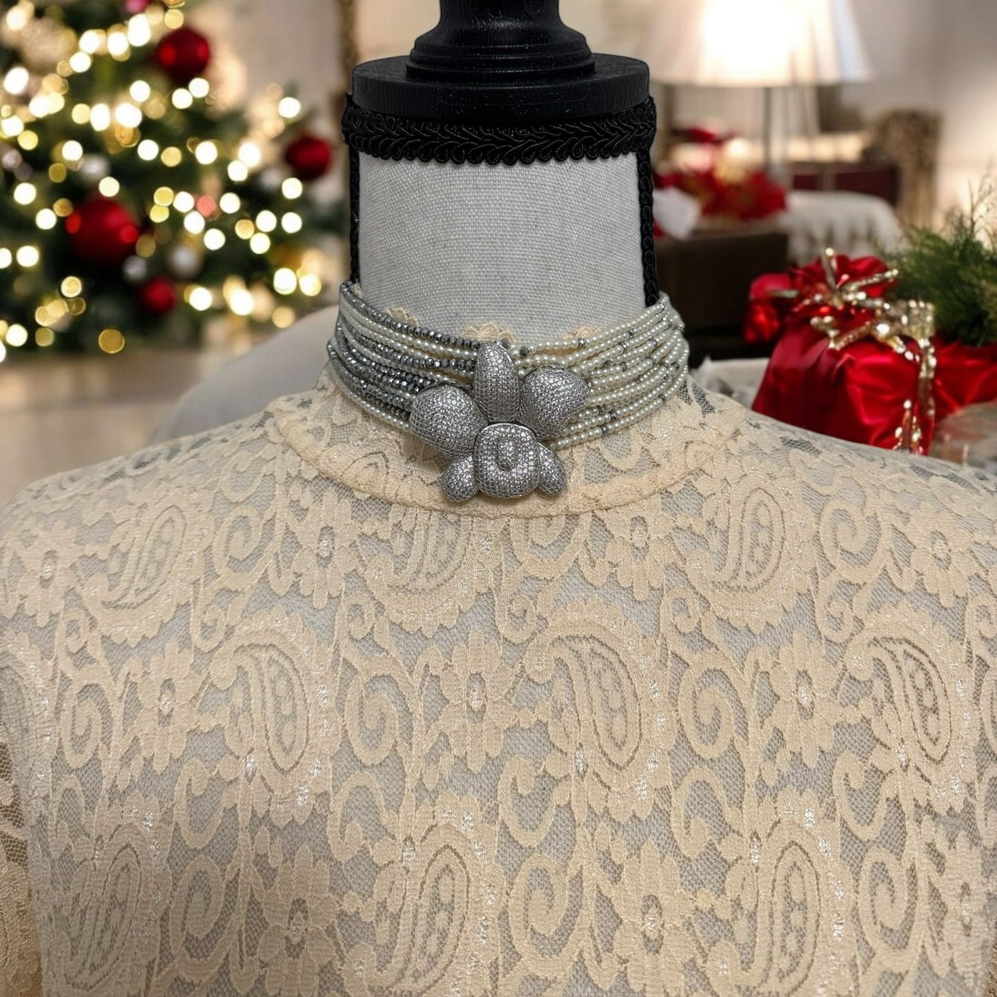 Crystal and Pearl Choker with Zircon Orchid Pendant